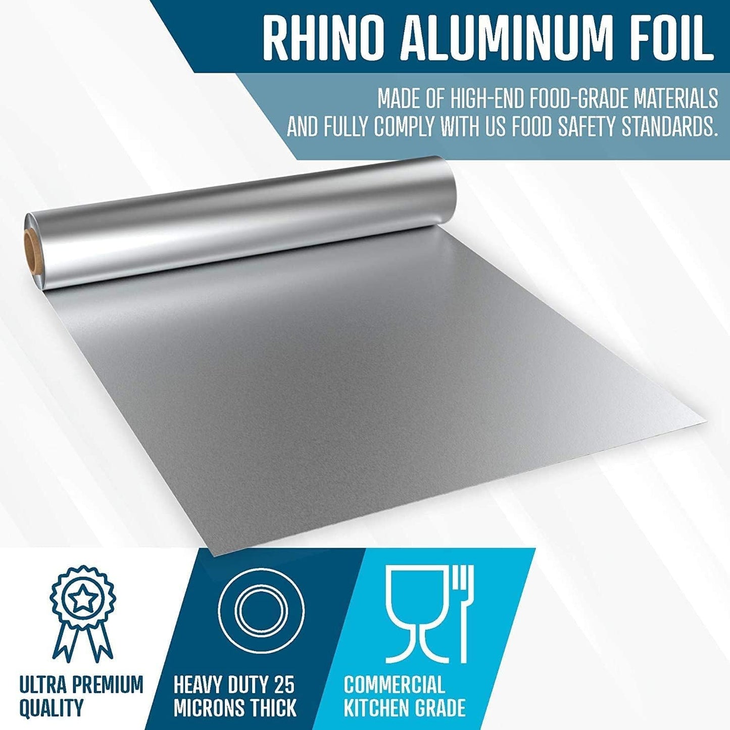 Rhino Aluminum Foil Heavy Duty 18 x 525 sf - (Pack of 4) Foil Aluminum Roll, 25 Microns Thick - Commercial Grade & Extra Thick, Strong Enough for Food Service Industry