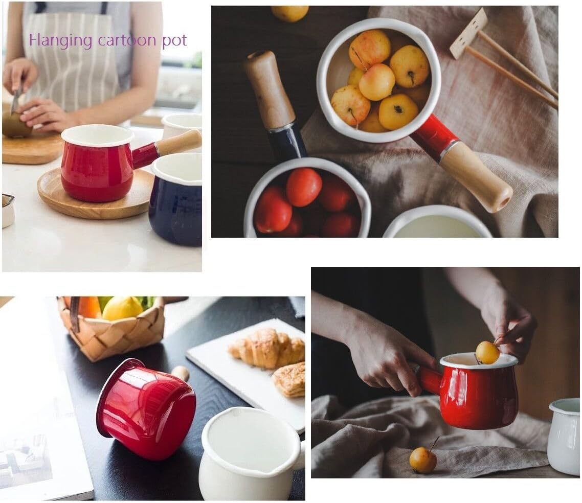 Mini Enamel Milk Pot 4 Inch 17 Oz Dual spout with Wooden Handle, Small Sauce Pan Perfect Size for Heating Smaller Liquid Portions (Red）
