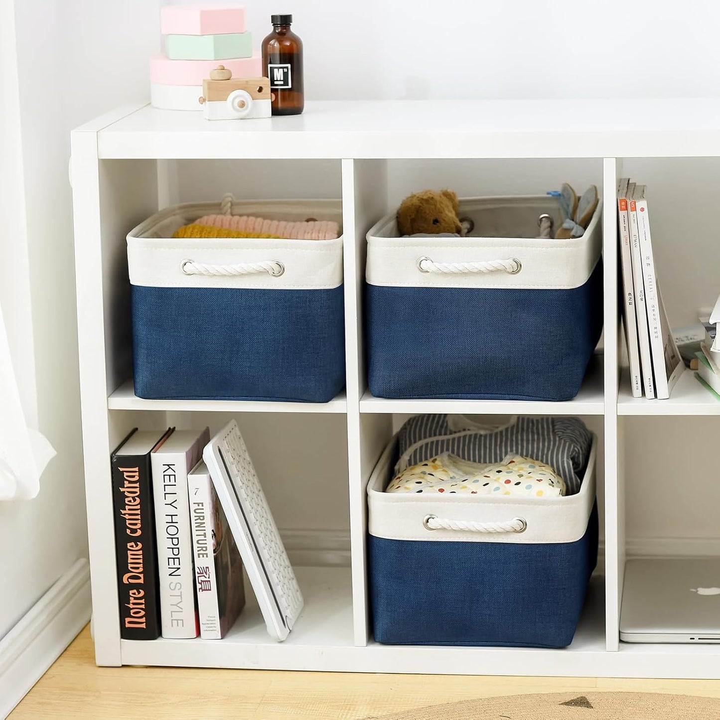 TheWarmHome Collapsible Storage Bin for Shelves - Large 3 Pack 16x12x8 inch Storage Basket for Organizing with Handles, Canves Storage Box for Organizer Toy Closet Cloth Gift (White & Jean Blue)