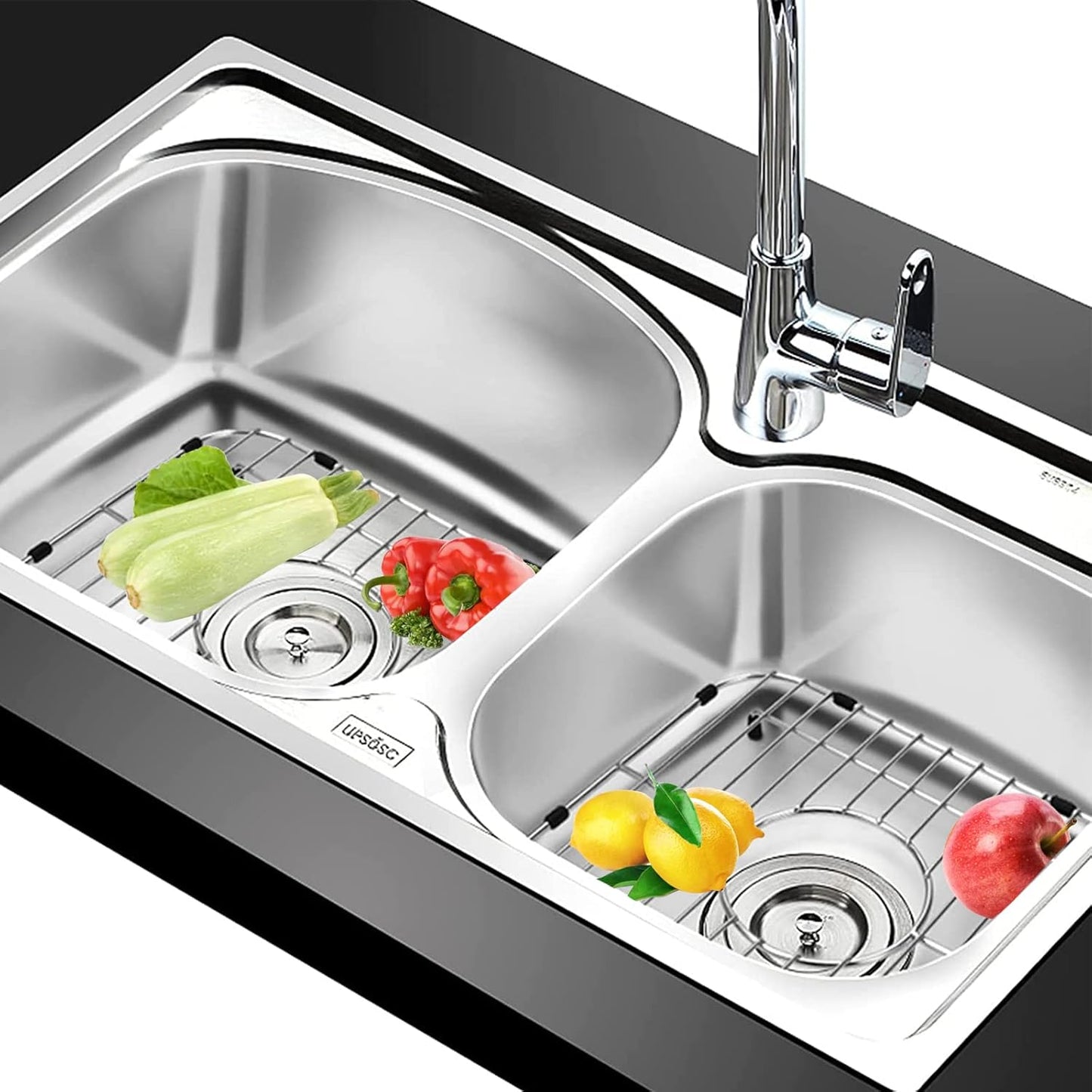 Orgneas Sink Protectors for Kitchen Sink, Universal Double Bowl Sink Bottom Grid 12.5"x10.5"x1.25", 304 Premium Stainless Steel Kitchen Sink Protector Grid Sink Grate Rack Centered Drain 2 Packs