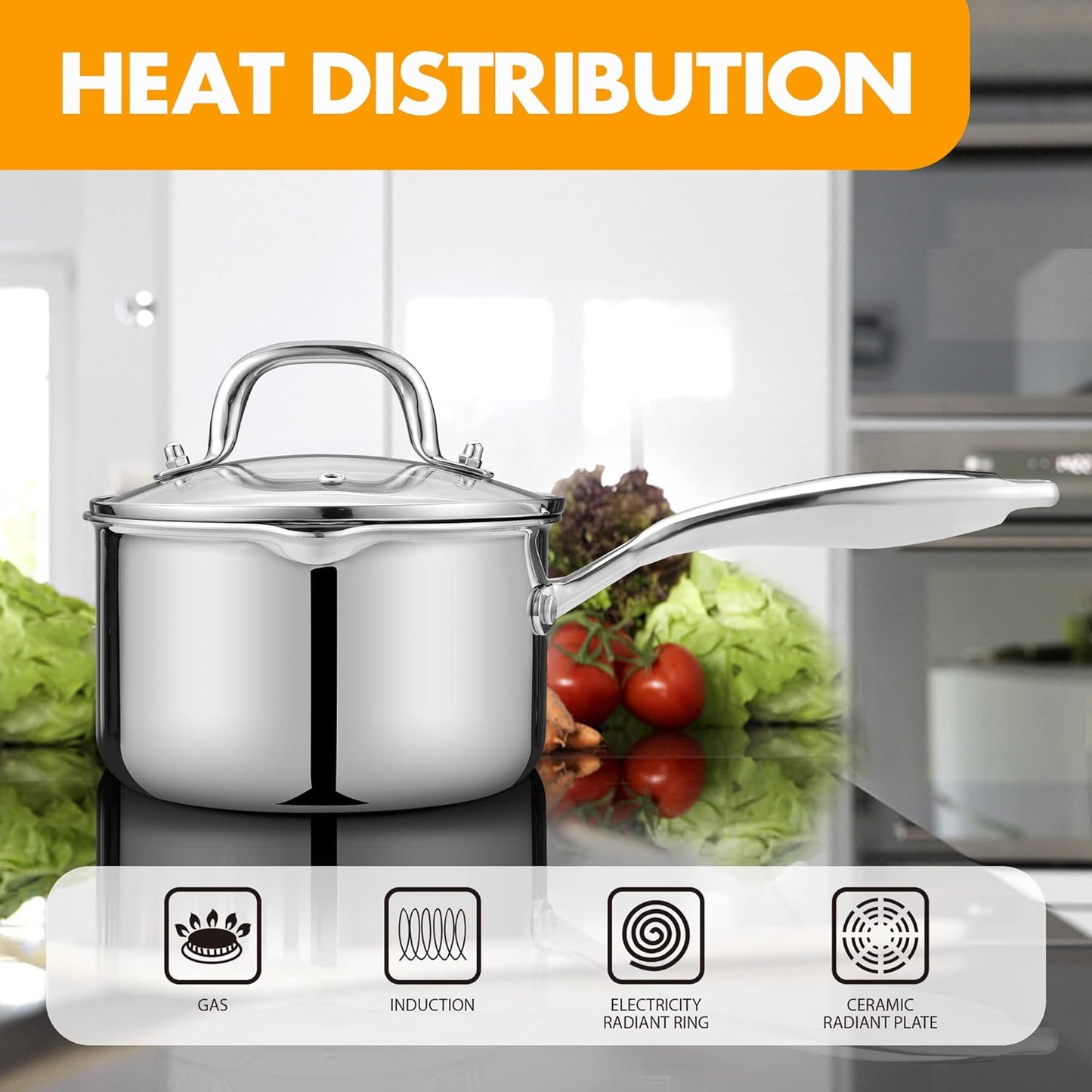 Cyrosa 2.5 Quart Saucepan with Strainer Lid, Stainless Steel Sauce Pot, Sauce Pan for Stove Top, Two Side Spouts for Easy Pour, Dishwasher Safe