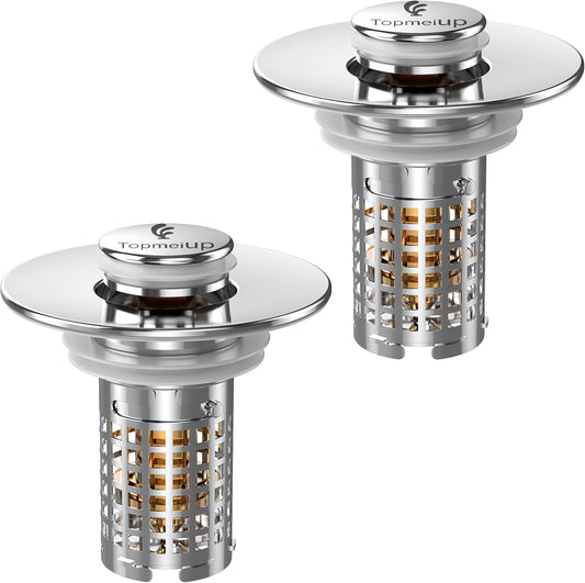 Sink Stopper Hair Catcher, Pop-up Sink Drain Strainer with Removable Stainless Steel Strainer Basket Hair Catcher, Bathroom Sink Strainer for Bathroom Sink Stopper Replacement (New-2PCS)