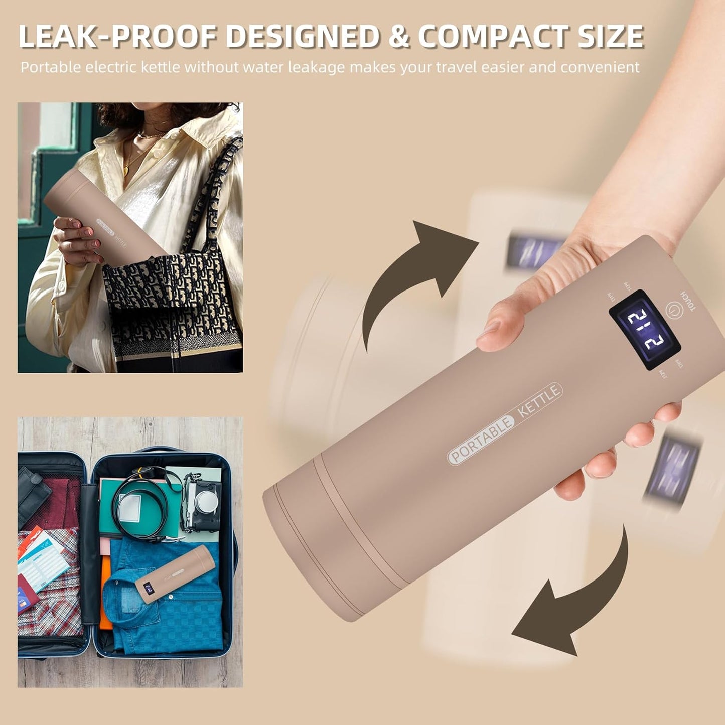 Travel Electric Kettle Portable Small Mini Tea Coffee Kettle Water Boiler, Water Heater with 4 Temperature Control,304 Stainless Steel with Auto Shut-Off & Boil Dry Protection, BPA-Free (Khaki)