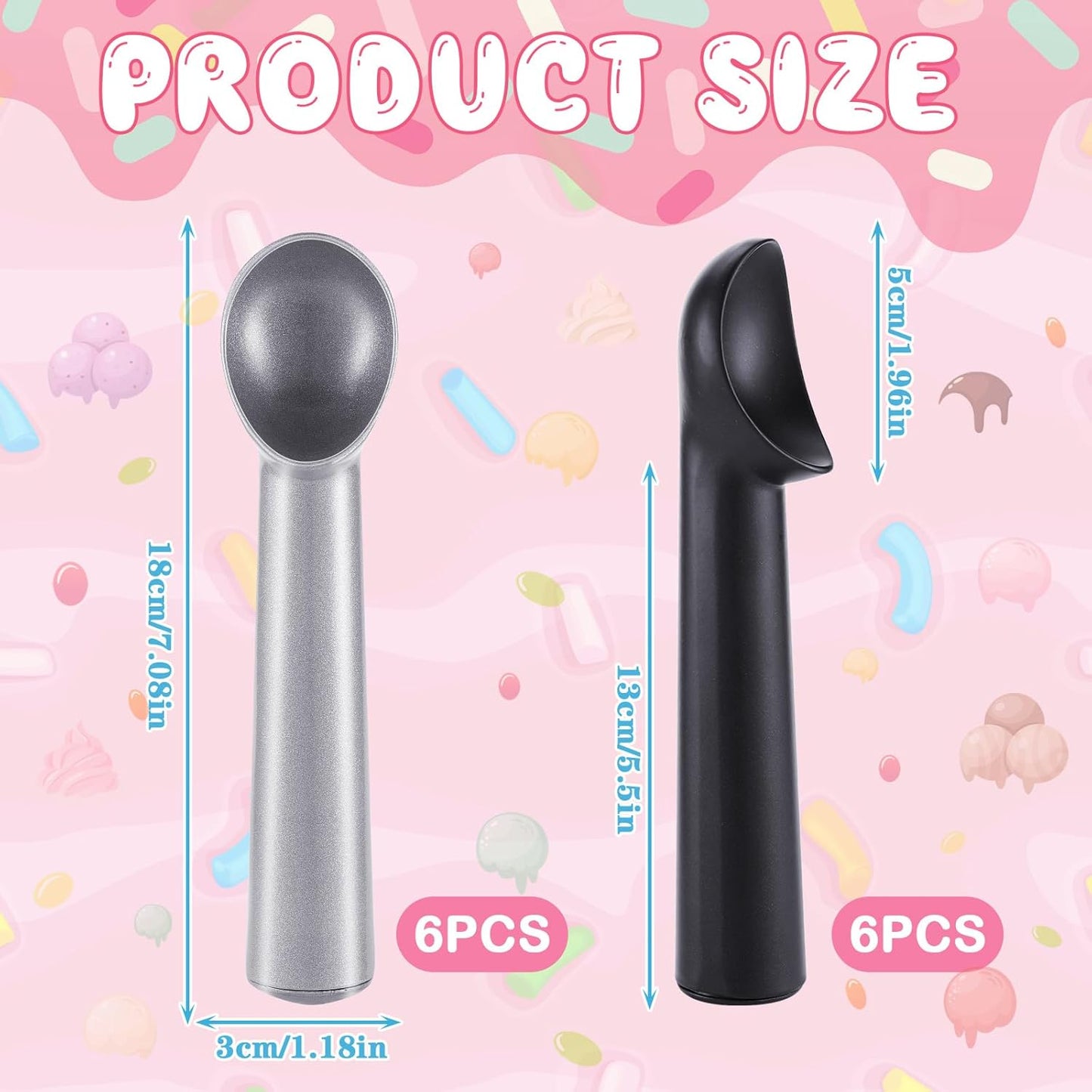 Gejoy 12 Pcs Ice Cream Scoop 7 Inch Nonstick Anti Freeze Ice Cream Scooper Aluminum Design Dessert Spoon for Gelatos Frozen Yogurt Fruit Sundaes Sorbet Almond Cookie Dough (Black and Silver)