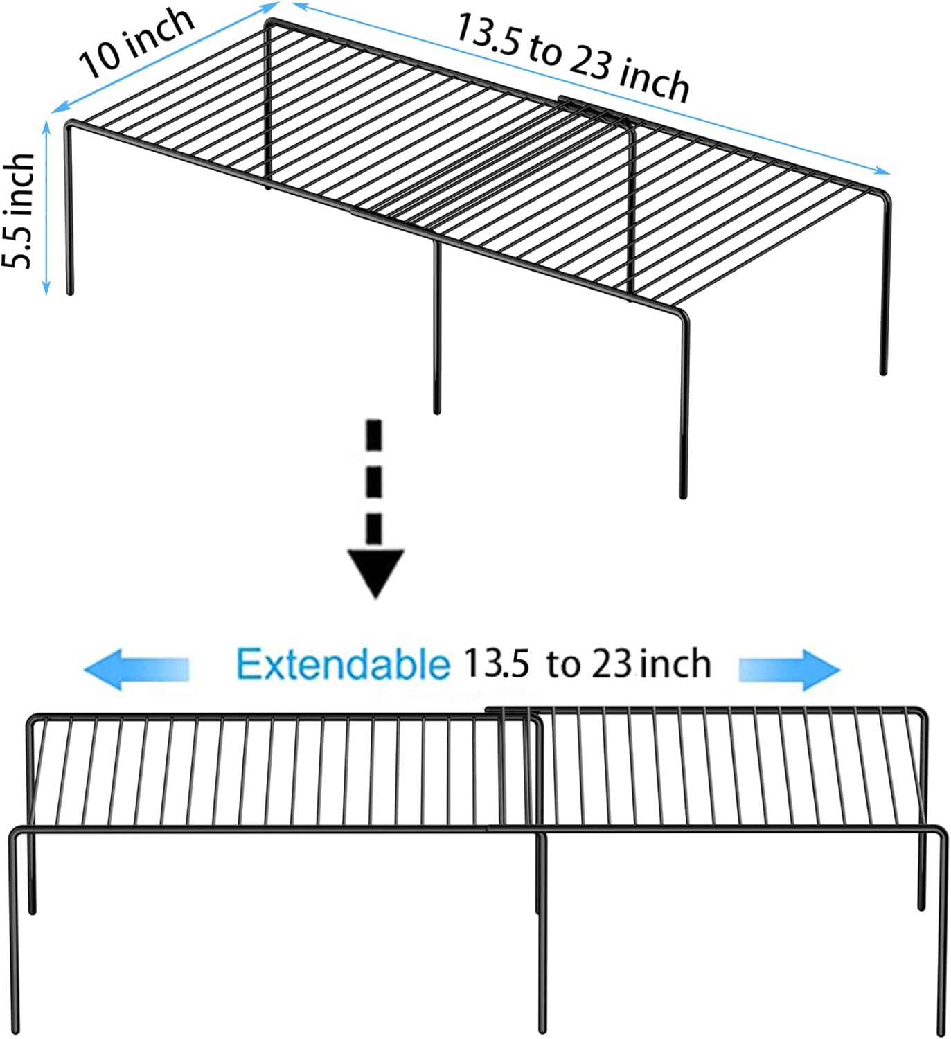 Redrubbit Expandable Metal Rustproof Kitchen Counter and Shelf Rack, 4 Piece Set of 2, Space Saver for Kitchen, Fridge, Bathroom