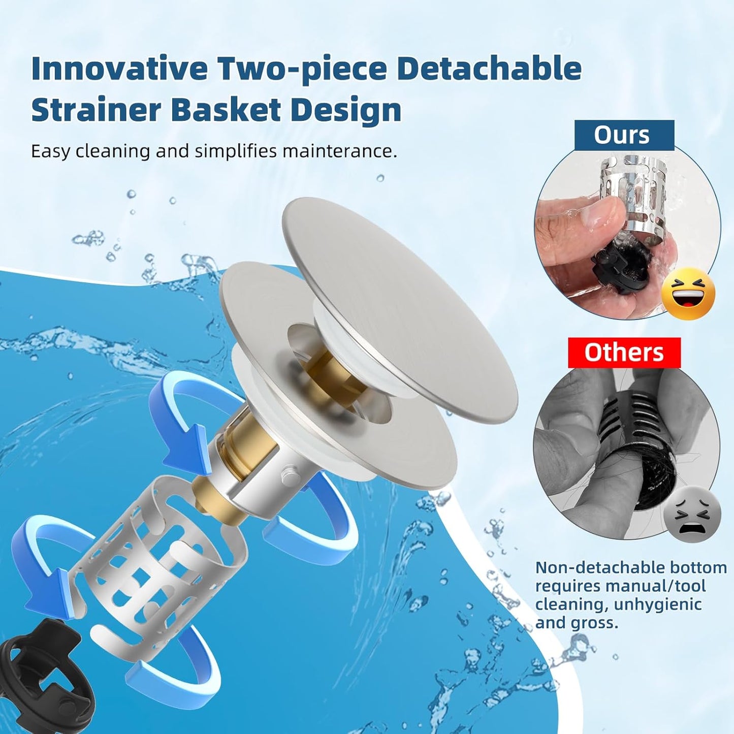 Hibbent Upgraded 3 in 1 Bathroom Sink Drain Strainer, Pop Up Sink Stopper with Big Push Cap, Anti-Clogging Metal Filter Basket,Sink Plug with Hair Catcher for 1.1''~2.36'' Basin, Brushed Nickel