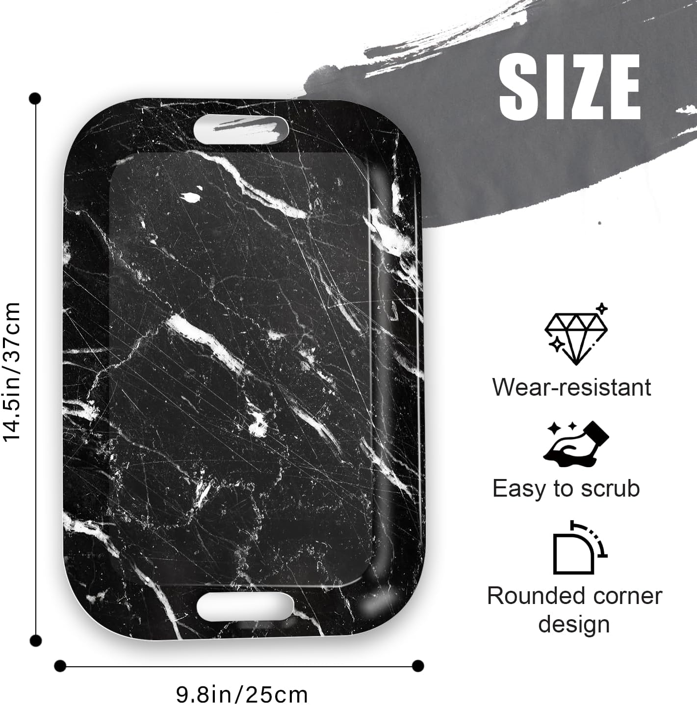 Serving Trays with Handles, 14.5 x 9.8 inch Rectangular Plastic Tray for Restaurant, Kitchen, Black Marble