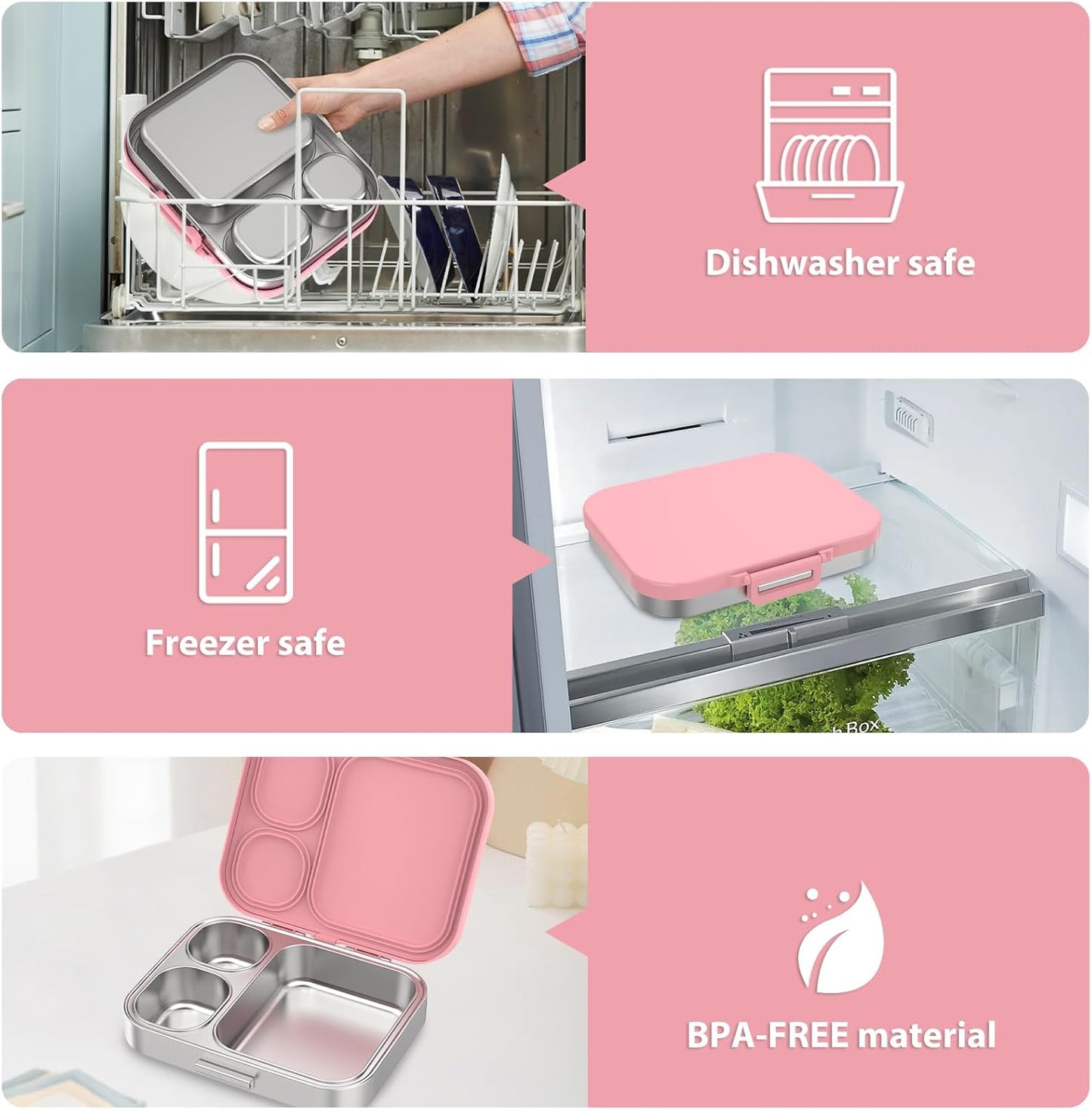 Stainless Steel Bento Lunch Box for Kids | 3-Compartment Lunch Box Container Kids | 100% Leakproof, Dishwasher-Safe, Eco-Friendly, Perfect Portion Control for Kids&Adult Healthy Meals (Pink)