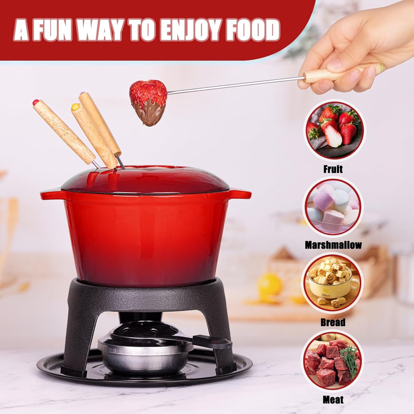 Mabeeze Cast Iron Fondue Pot Set for Cheese, Chocolate or Meat - Red Enameled 1.6 Qt Pot - Includes 6 Fondue Forks