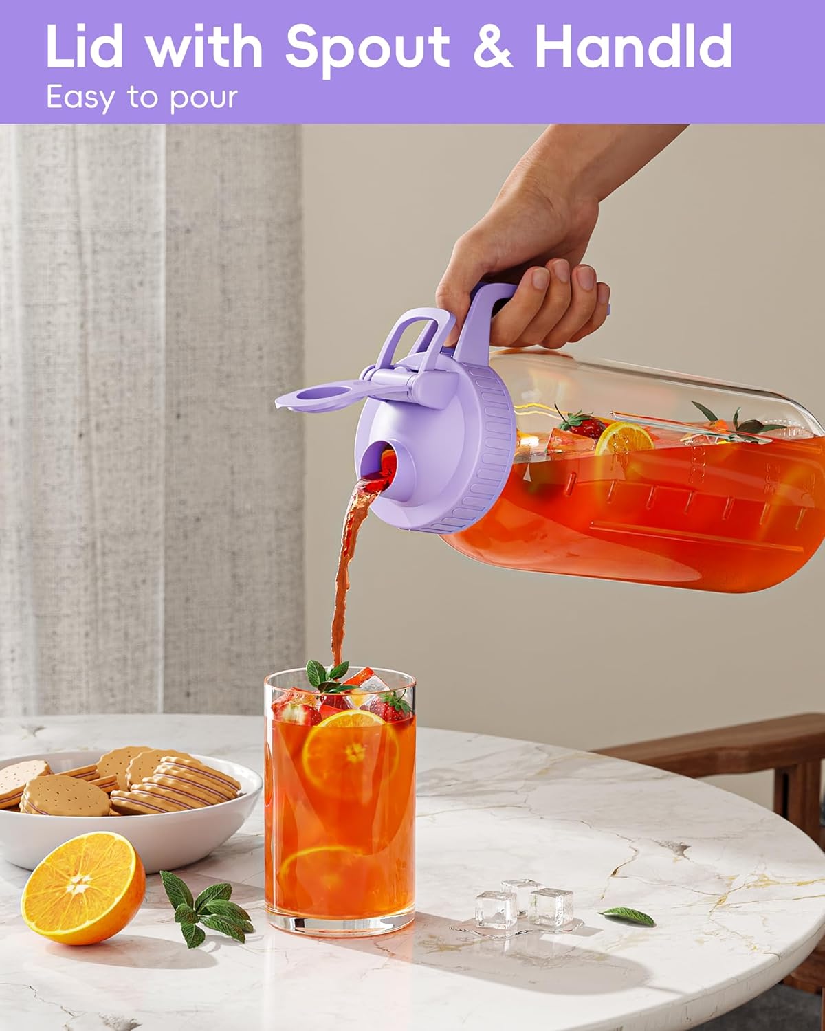 64oz Glass Mason Jar Pitcher with Lid Wide Mouth, 2 Quart Leakproof Glass Water Jug for Juice, Sun Iced Tea, Cold Brew Coffee, Milk Storage, Purple
