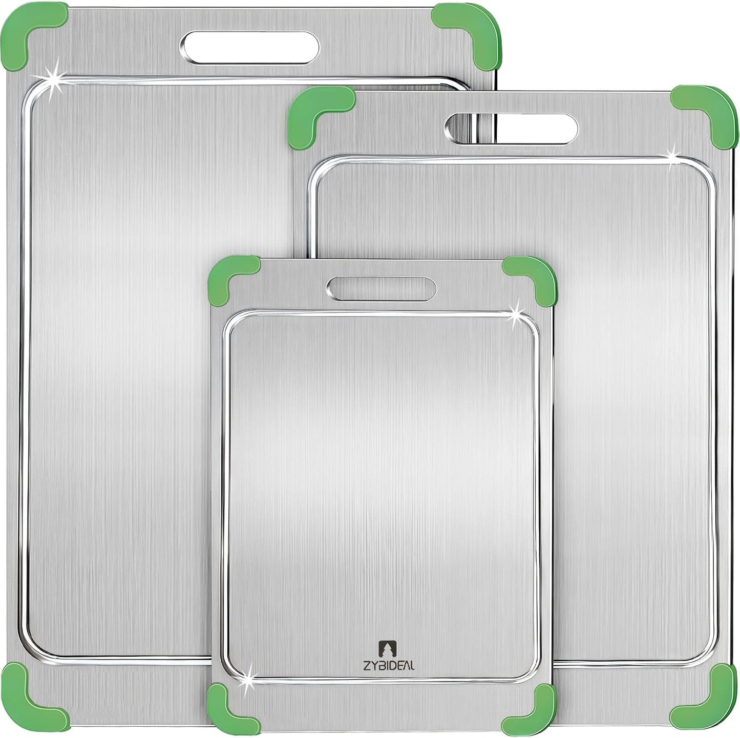 3Pcs 100% Pure Titanium Cutting Board with Grooves, Update Double Side Titanium Chopping Board, Silicone Anti-slip Stainless Cutting Boards Set for Kitchen, Green