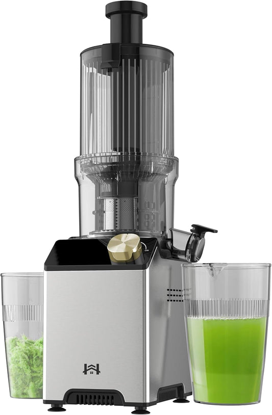 Cold Press Juicer, Juicer Machines with 4.35'' Wide Feed Chute, Stainless Steel Masticating Juicers Easy to Clean, Ergonomic Operational Panel Design, High Juice Yield, Golden Knob