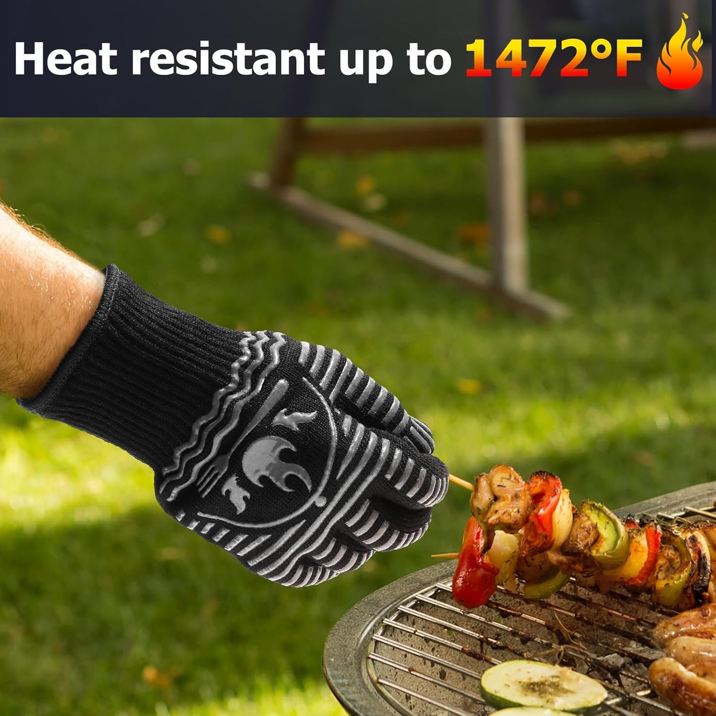 BBQ Gloves, 1472°F Extreme Heat Resistant Grill Gloves, Non-Slip Food Grade Silicone Oven Mitts for Kitchen, Cooking, Barbecue, Baking, Smoker Gray(11inch)