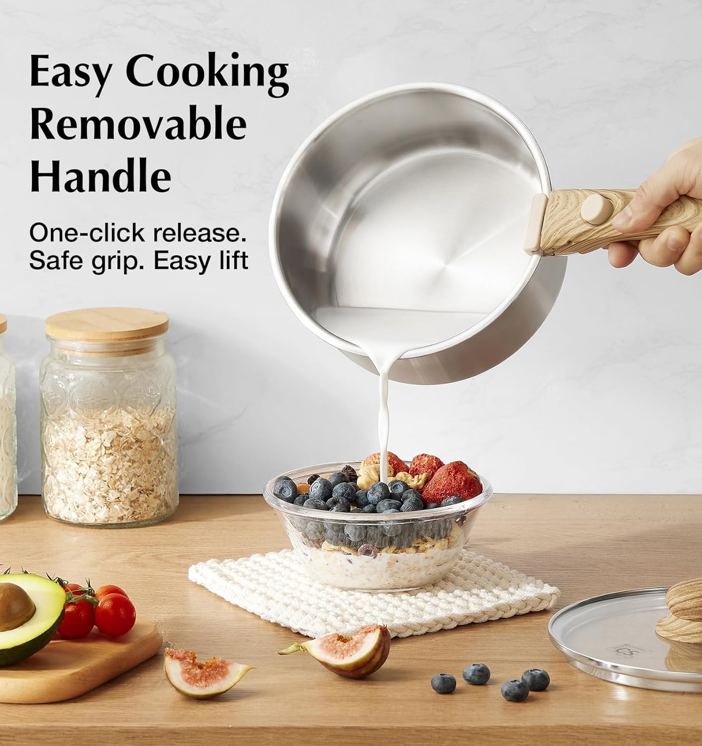 KOCH SYSTEME CS Stainless Steel Saucepan Set 1.5QT & 2QT & 3QT, Stainless Steel Pot with Removable Handle, 6pcs Sauce Pan Set with Tri-Ply Steel Base, Induction Compatible Pots, Dishwasher & Oven Safe