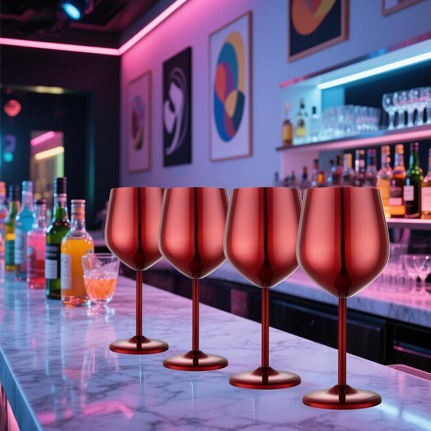 Stainless Steel Wine Glasses Set of 4 Unbreakable Wine Glass 18 oz Unique Metal Wine Goblets for Outdoor, Travel, Camping, Pool, Ideal Gift for Wine Lovers (Mirror-Red)