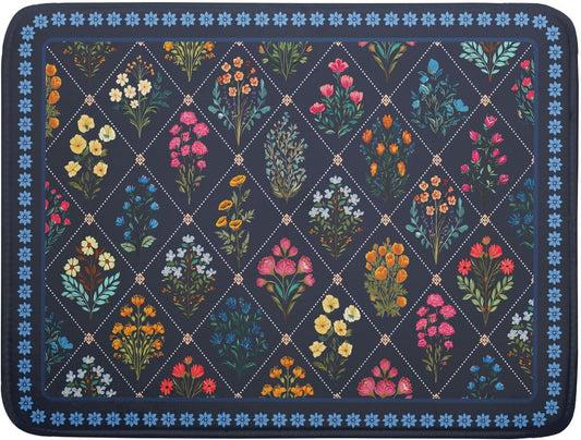 Lapis Blue Dish Drying Mat for Kitchen Counter Flowers Microfiber Absorbent Dish Draining Reusable Washable Large