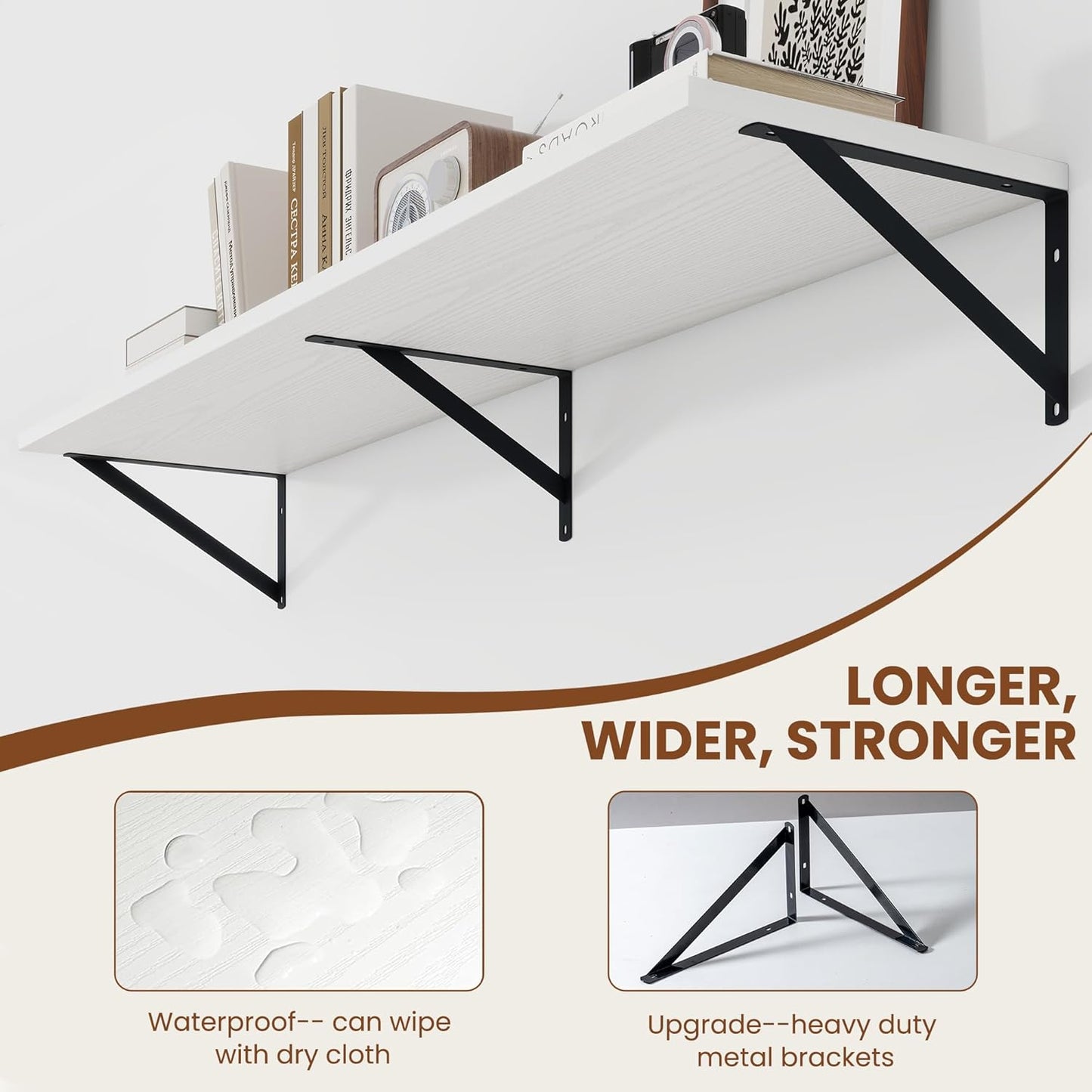 Heimlove White Deep Floating Shelves for Wall, 48W x 12D Wood Wall Shelves Set of 2, Wide Floating Bookshelf for Living Room, Kitchen, Office, Bedroom and Decor Storage, with Black Bracket - White