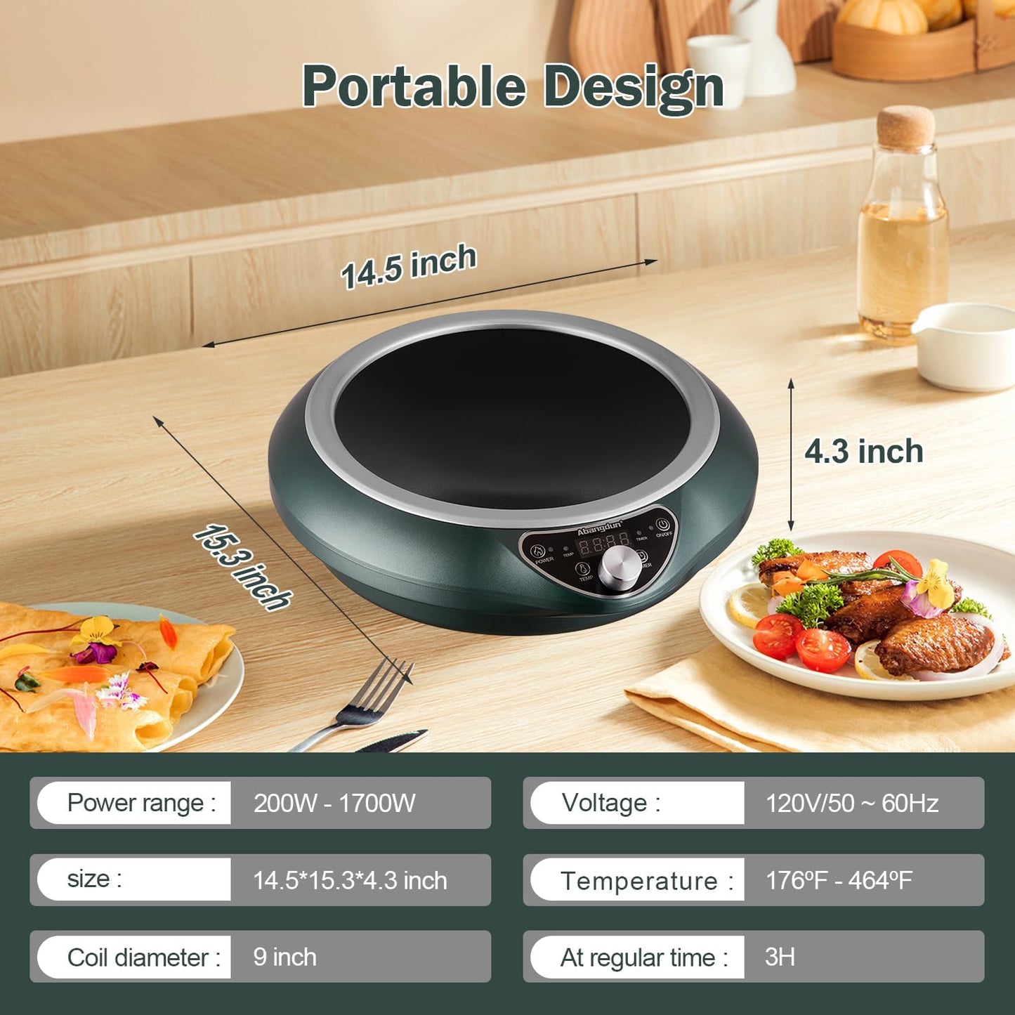 Wok Induction Cooktop 1700W 120V Wok Burner Induction Curved Electric Stove Hot Plate With Stainless Steel Pot