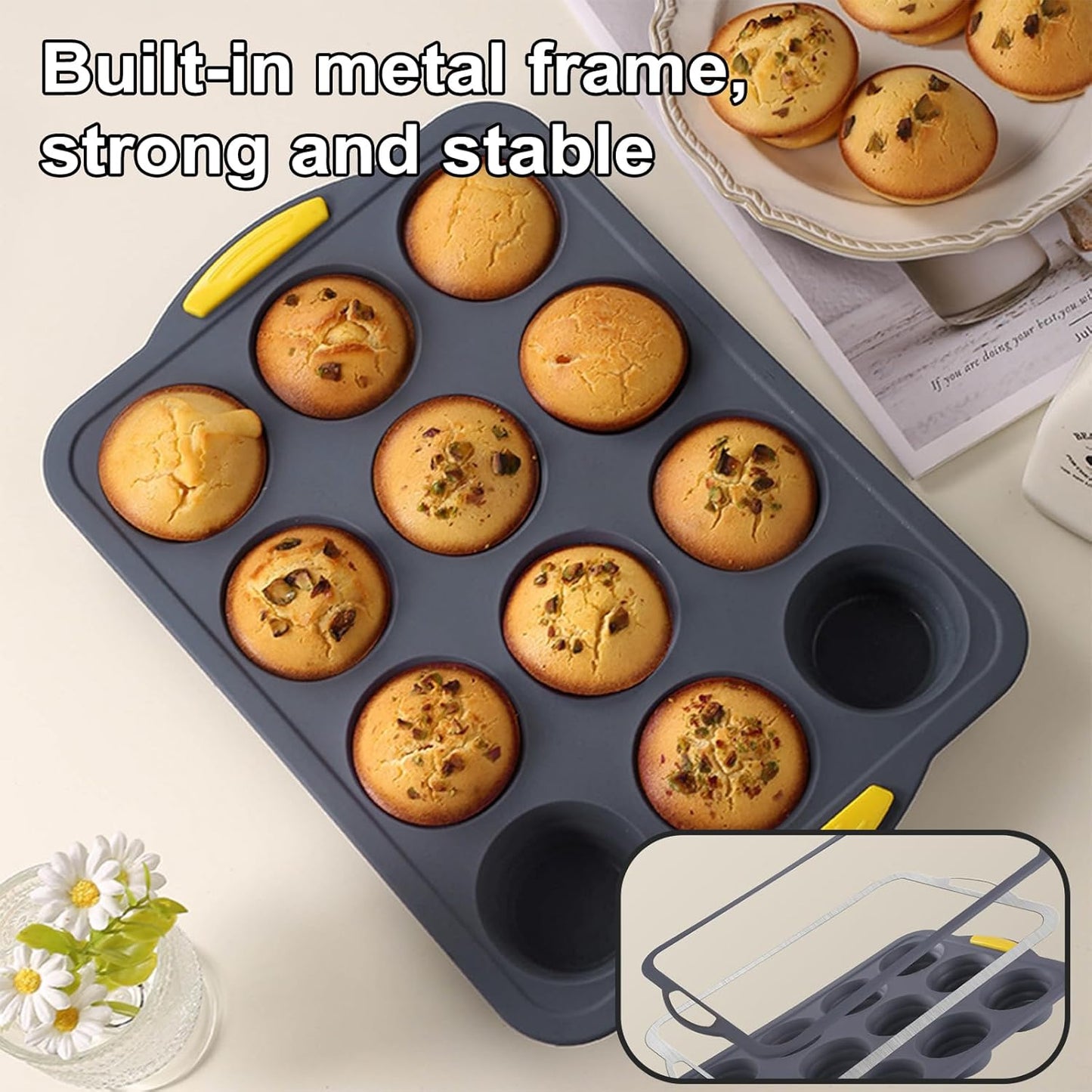 Muffin Pan, Cupcake Pan, Set of 2, 12-Cup Muffin Tin, Non-Stick Bakeware, Easy to Release and Clean, Baking Molds, Muffin Tray, Molds for Homemade Cupcakes & Muffins (Blue silicone)