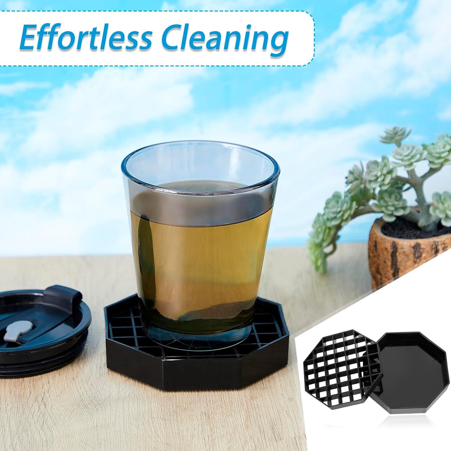 Suclain 8 Pcs 6 Inch Coffee Drip Tray Black Plastic Octagon Coffee Countertop Drip Coaster with Honeycomb Grid for Drink Tea Wine Beverage Dispenser