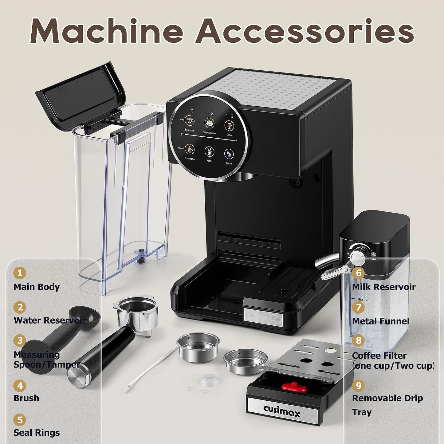 CUSIMAX Expresso Coffee Maker with Milk Frother, Cappuccino Machine Makes Espresso, Cappuccino, and Lattes with One-Touch Ease, and the Manual Mode Makes Creative Coffees with Cleaning Function