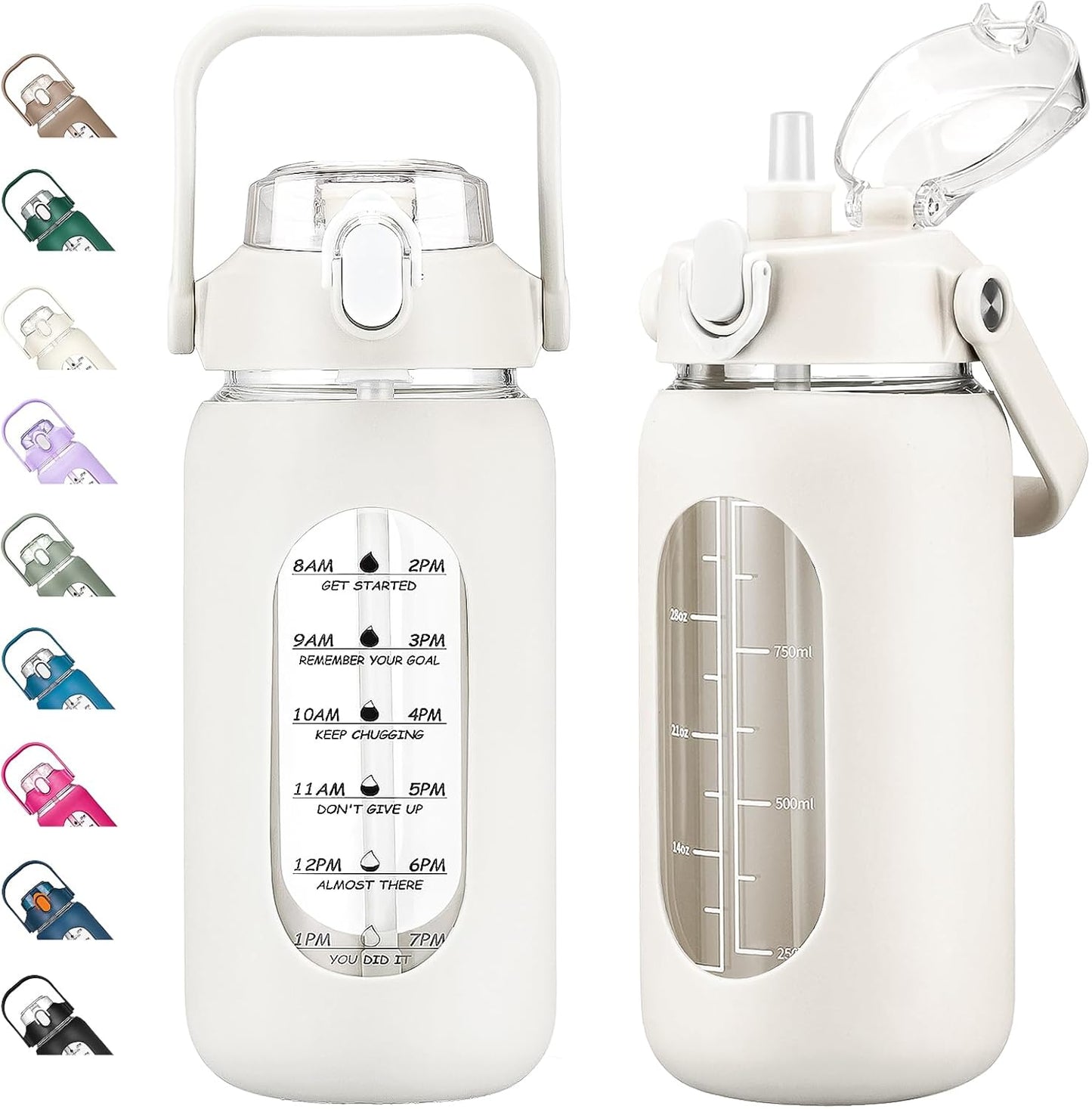 kytffu 42oz Glass Water Bottles with Straw, Motivational Glass Bottle with Silicone Sleeve and Time Marker, Leakproof Large Glass Water Jug for Gym Home Office,White