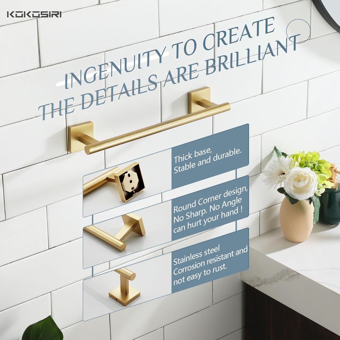 KOKOSIRI Hand Towel Bar Bathroom Towel Holder for Bath Kitchen Cabinet Towel Ring 12 Inch Brushed Gold Stainless Steel B4005BG-L12