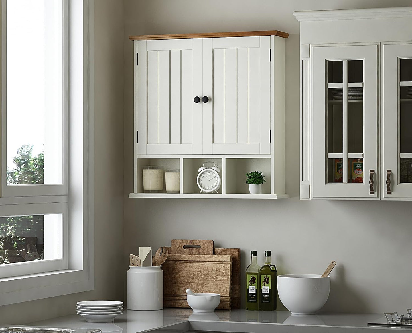 ChooChoo Bathroom Cabinet Wall Mounted 2-Door with 3 Open Shelves， Wooden Medicine Cabinets with Adjustable Shelf，Space Saver Storage Cabinets Over The Toilet for Bathroom&Living Room,White Brown