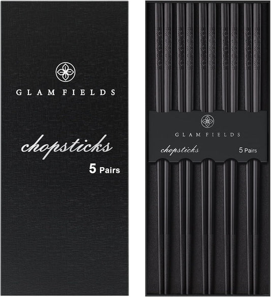 Chopsticks, GLAMFIELDS 5 Pairs Premium Black Chopsticks Reusable for Sushi Japanese Matte Anti-slip Chop Sticks with Gift Case Lightweight Dishwasher Safe, 9 1/2 Inches