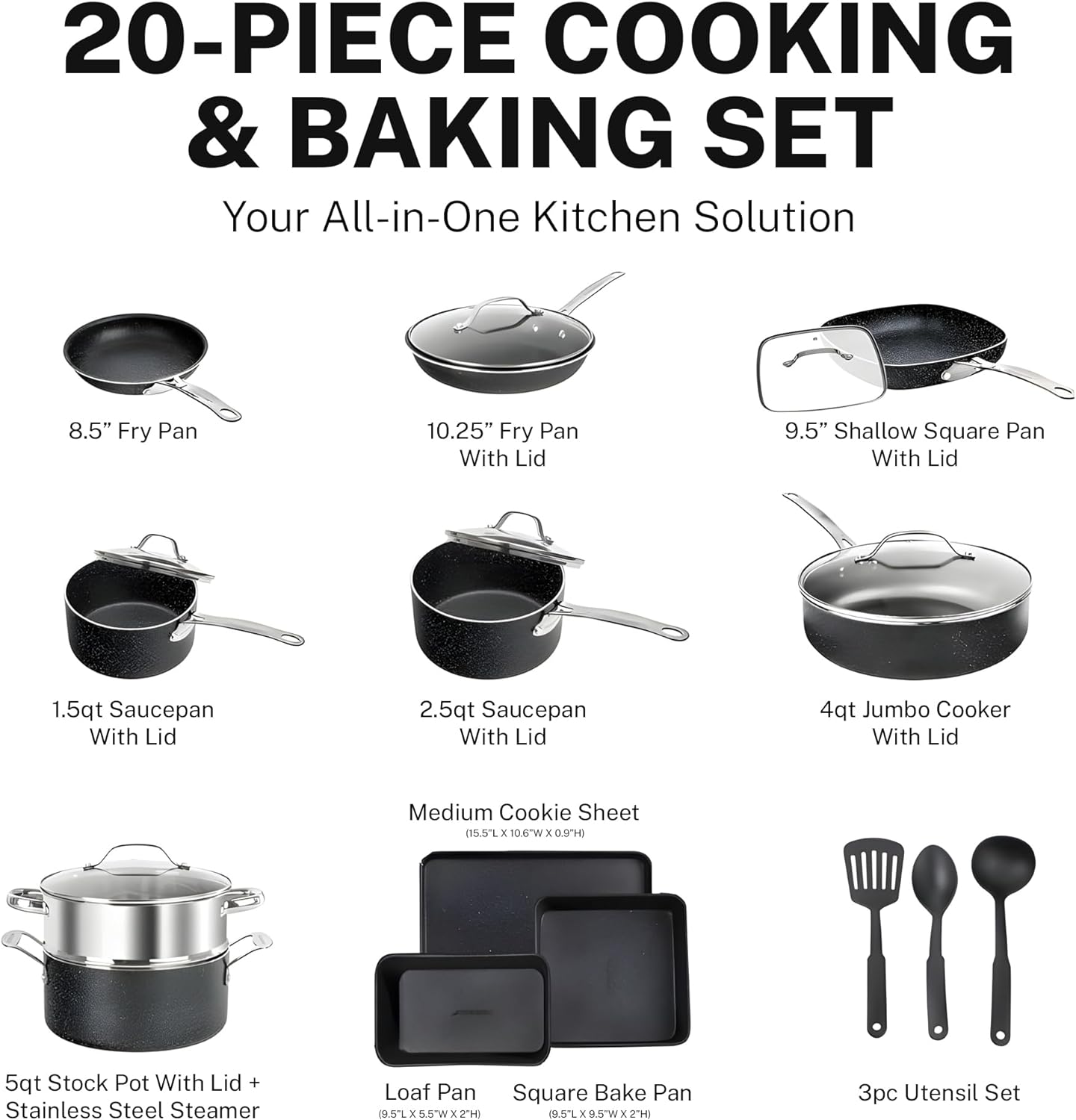 GRANITESTONE 20 Pc Complete Pots and Pans Set Non Stick Cookware Set with Deep Frying Pan Set, Bakeware, Steamer, Cooking Utensils, Non Toxic PFOA PFOS Free, Oven and Dishwasher Safe