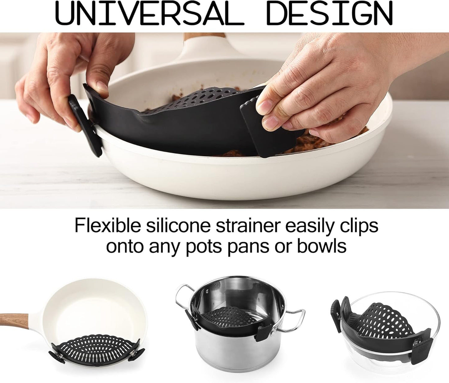 Adjustable Over the Sink Colander Strainer, Silicone Clip On Strainer for Pots Strainers and Plastic Colanders Drainer Basket for Food Pasta Vegetables Kitchen, Extendable 14.5"-19.5", Grey