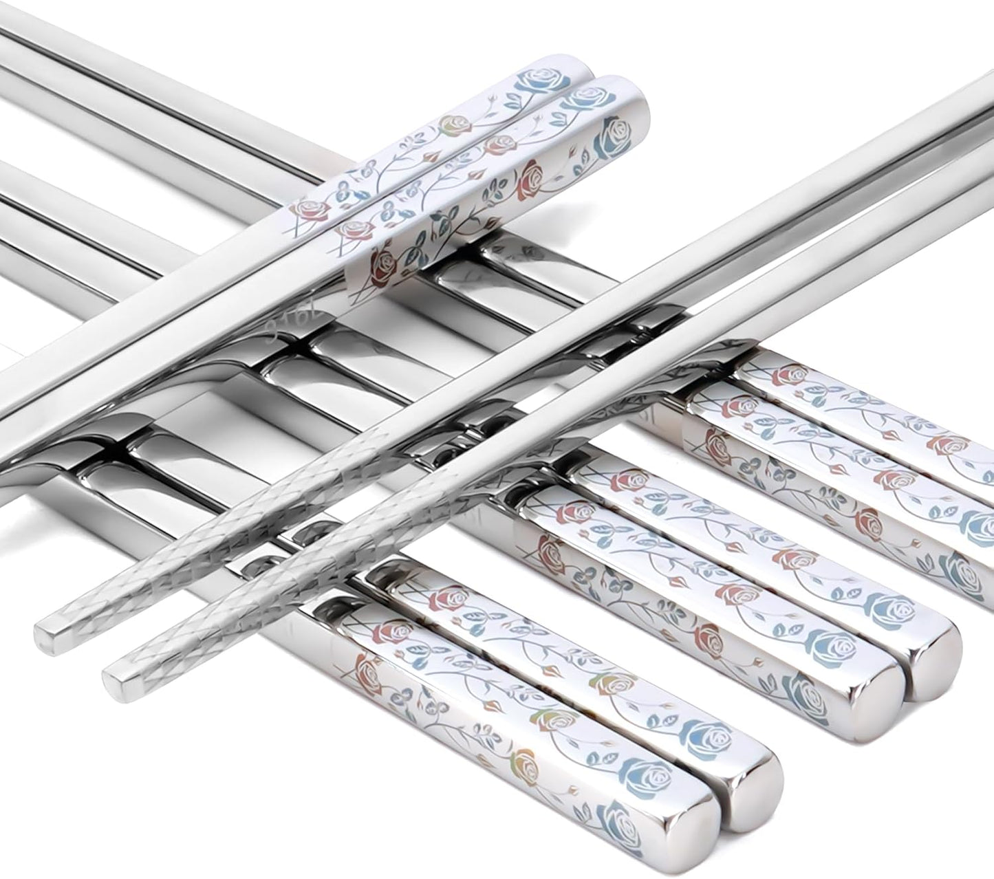 Stainless Steel Chopsticks, Titanium Plated Metal Chopsticks, 9.8" Premium Japanese Korean Color Laser Engraved Cooking Chop Sticks, Dishwasher Safe, Reusable, Anti-slip, Anti-scald, 2 Pairs Gift Set