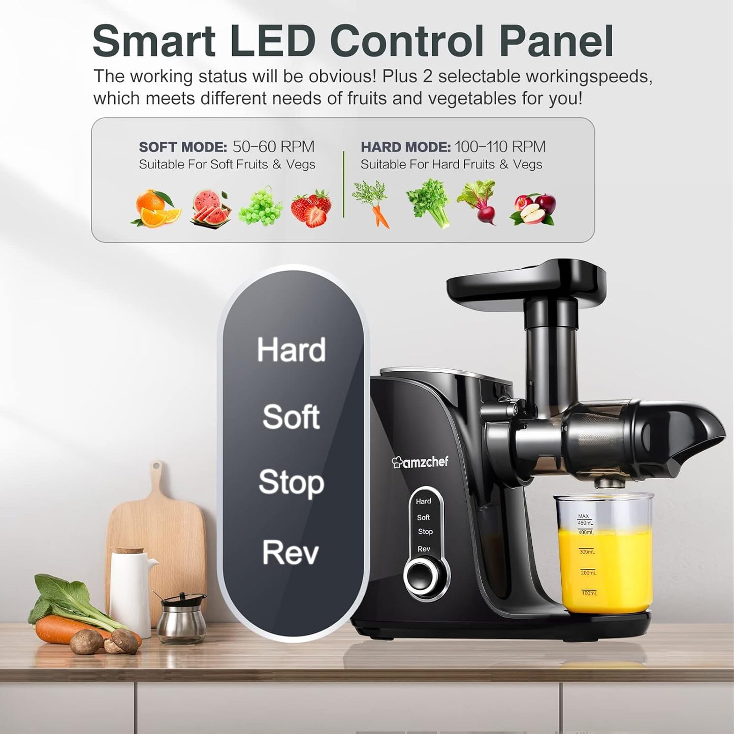 Juicer Machines, AMZCHEF Slow Cold Press Juicer with 2 Speed Modes, Travel bottles(500ML),Easy to Clean Brush & Quiet Motor for Vegetables & Fruits,Matte Black