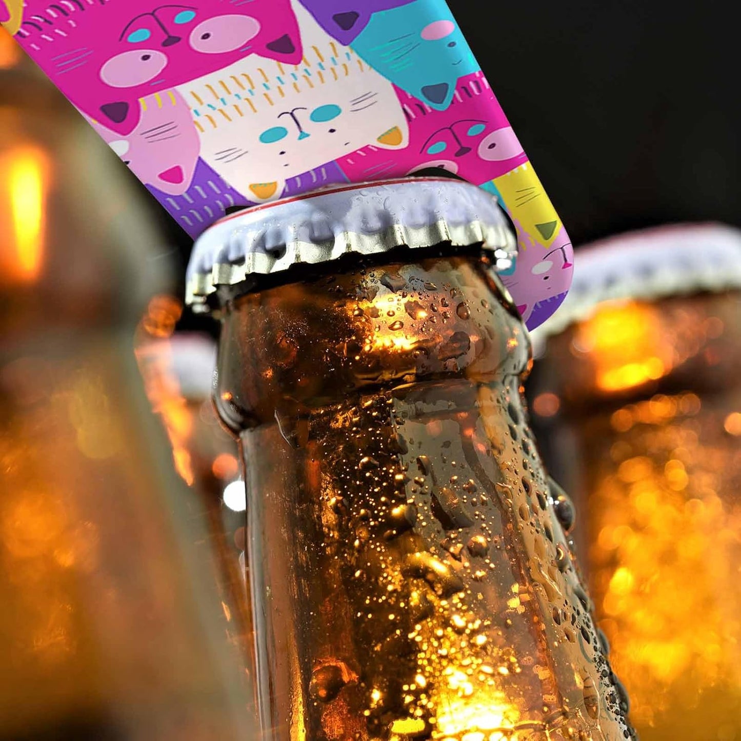 Cute Cats Stainless Steel Bottle Opener Colorful Happy Kitten Pink Blue Purple Flat Beer Bottle Opener Keychain for Home Kitchen Bar Restaurant Party Birthday Gift