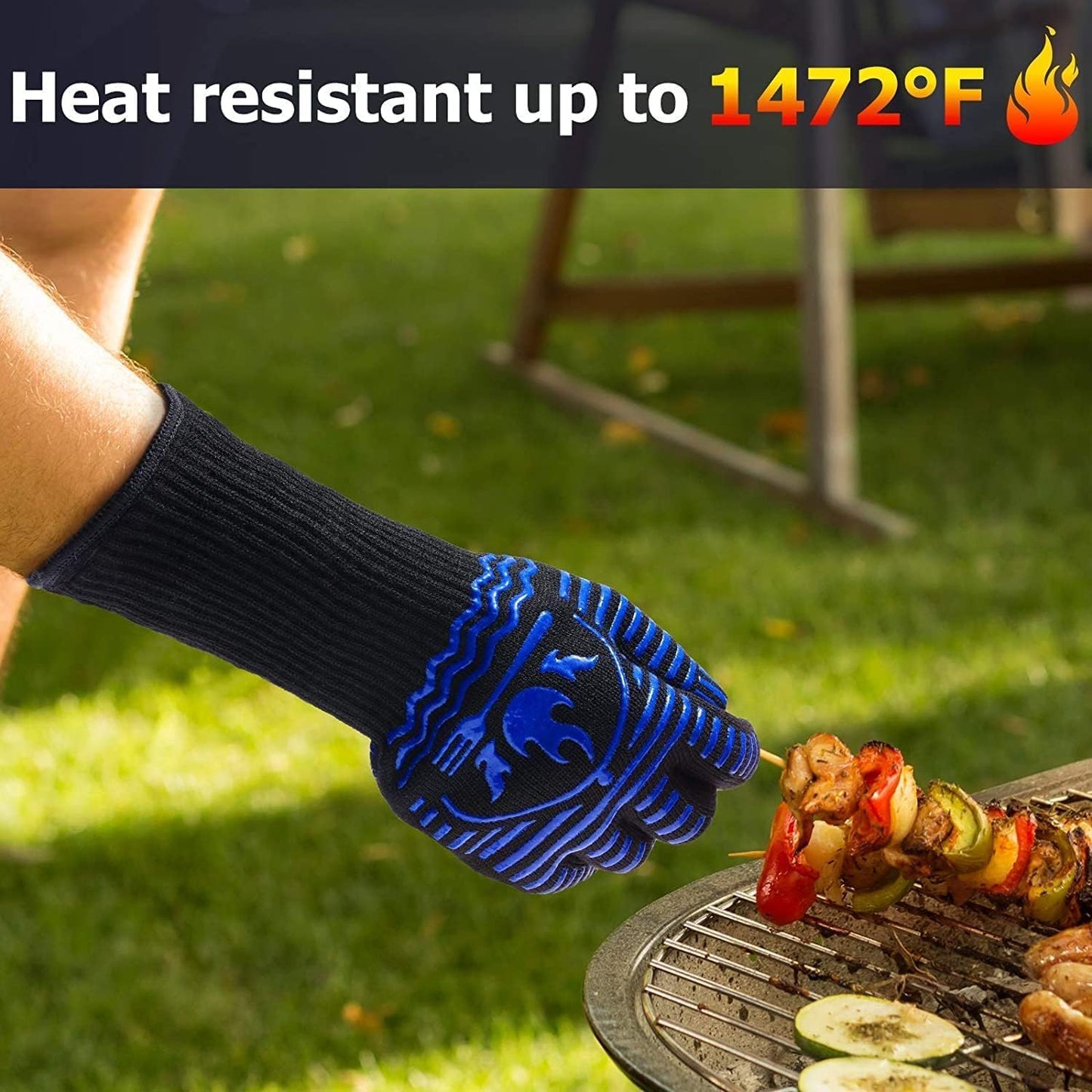 BBQ Gloves, 1472°F Extreme Heat Resistant Grill Gloves, Non-Slip Food Grade Silicone Oven Mitts Gloves for Kitchen, Cooking, Barbecue, Baking, Smoker (14inch)