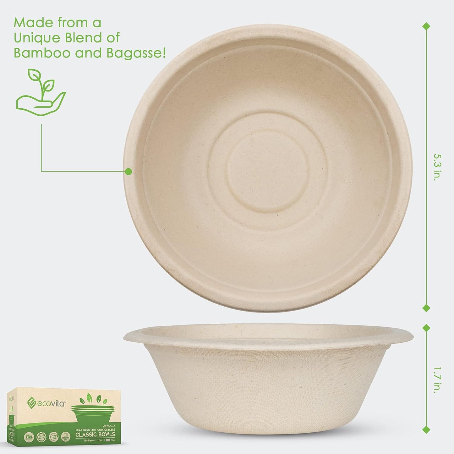 100% Compostable Paper Bowls [12 oz.] – 150 Disposable Bowls Eco Friendly Sturdy Tree Free Liquid and Heat Resistant Alternative to Plastic or Paper Bowls