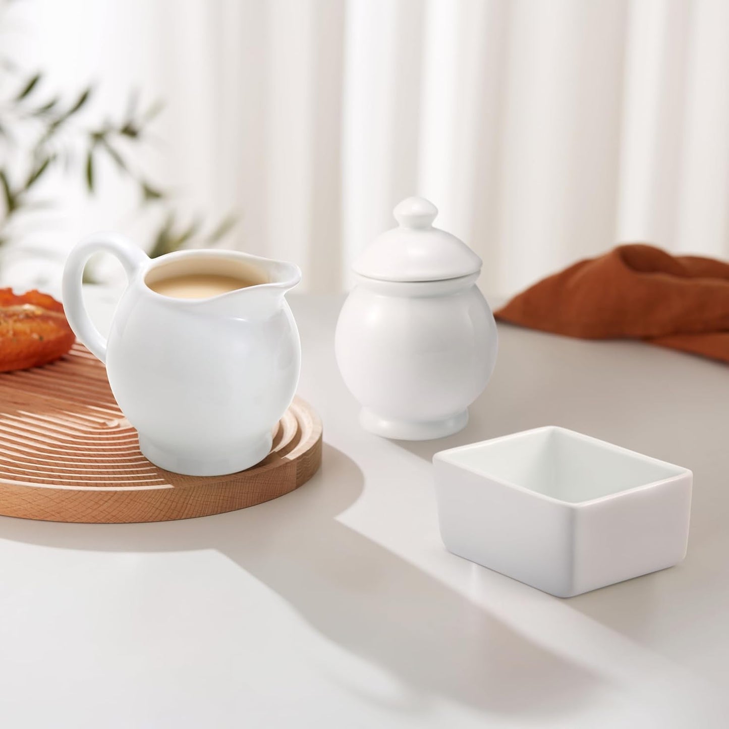 KooK Sugar and Creamer Set, 3 Piece, Pitcher, Sugar Bowl with Lid and Spoon, Sweetener Holder, White (Vintage Design)