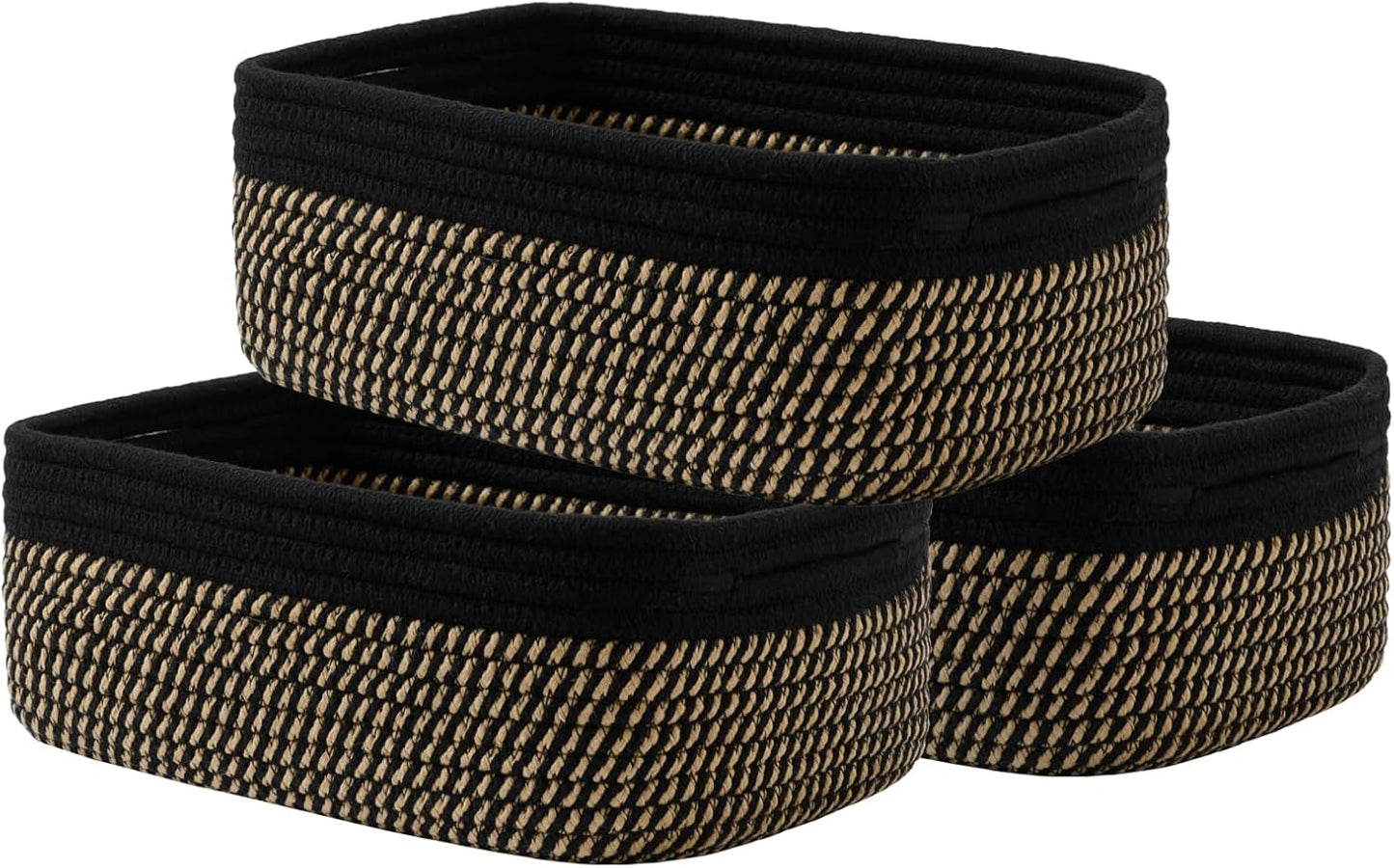 Small Woven Basket, 12 x 8 x 4.5 Inches, Storage Basket for Organizing, Cute Small Rope Shelf Closet Cube Storage Bins Baskets for Shelves, Dog Toy Gift Baskets Empty, 3 Pack Black & Brown