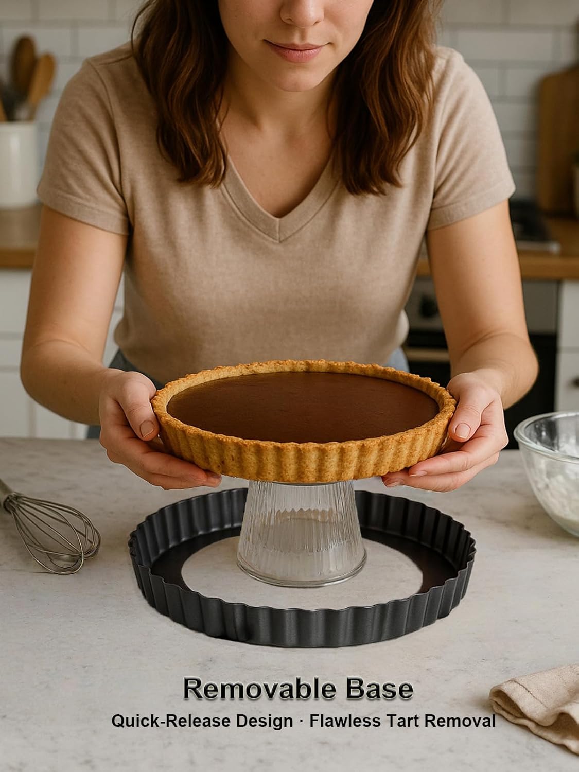 9 Inch Quiche Tart Pans with Pie Cake Server. Removable Bottom, Non-Stick Coating, Rugged Carbon Steel for Tart Quiche Baking. Gift for Women Wife Christmas Thanksgiving Party Festival Family