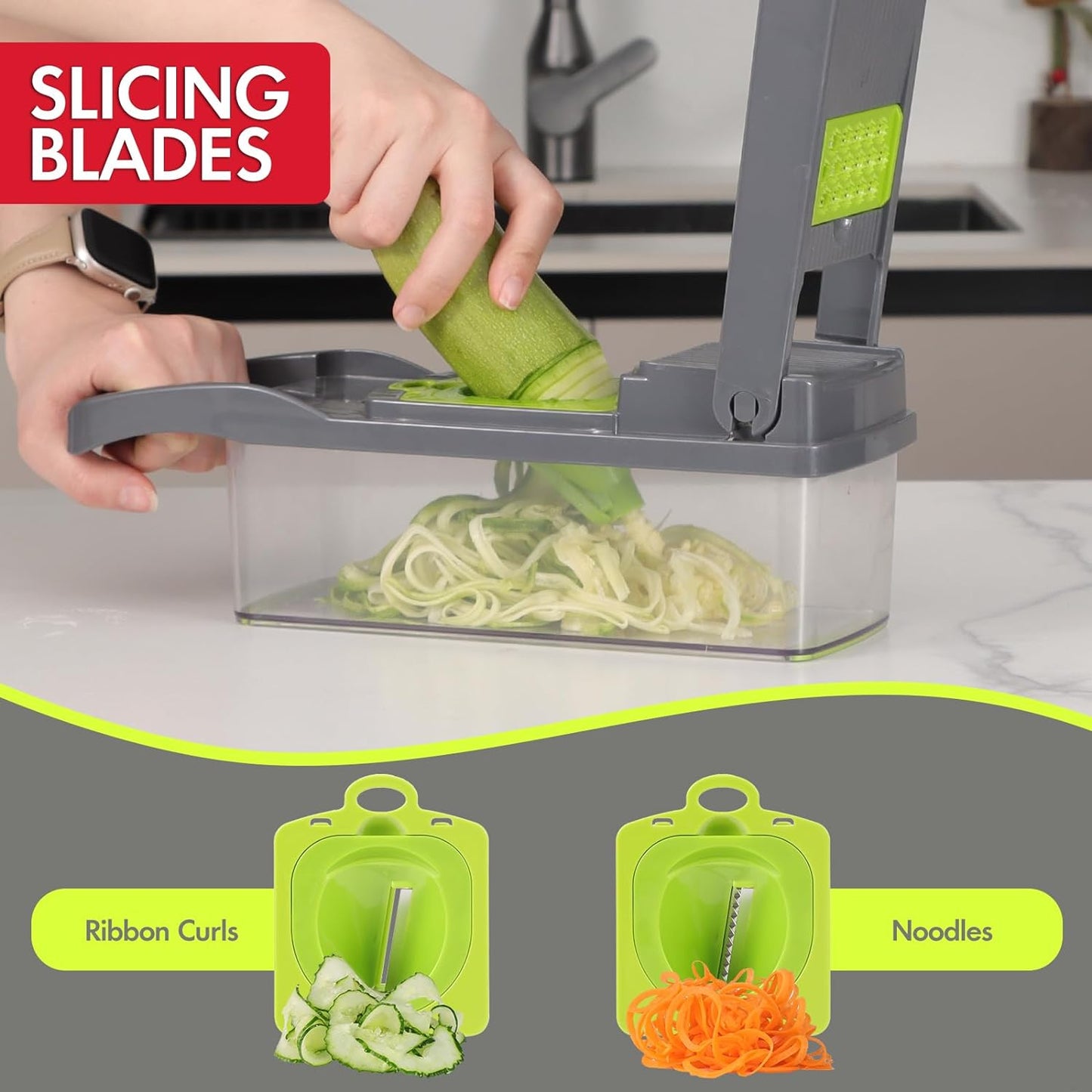 Ourokhome Vegetable Chopper Onion Cutter, 14 in 1 Professional Mandolin Slicer for Kitchen, Multifunctional Food Chopper for Potato, Tomato, Veggie with Strainer Basket, 10 Blades, Gray