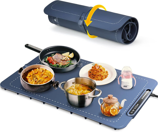 Warming Tray with Full Surface Heating, Foldable & Portable Food Warmer, 3 Temperature Settings & Child Lock, Premium Silicone Warmer Mat for Parties, Family Gatherings, Holidays, Daily Use