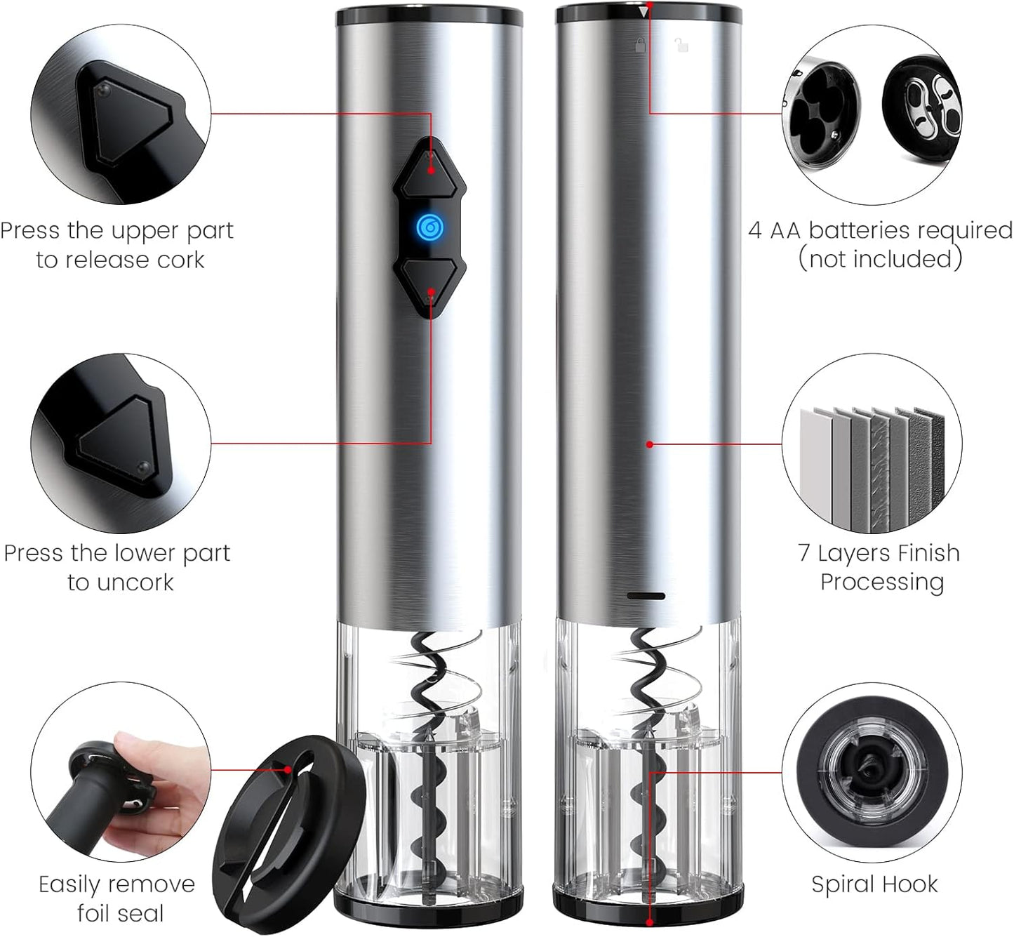 CIRCLE JOY Electric Wine Opener, Battery Wine Opener, Wine Bottle Opener, Electric Corkscrew, Wine Puller, Wine Screwpull, Uncorker, Cork Remover, Stainless Steel