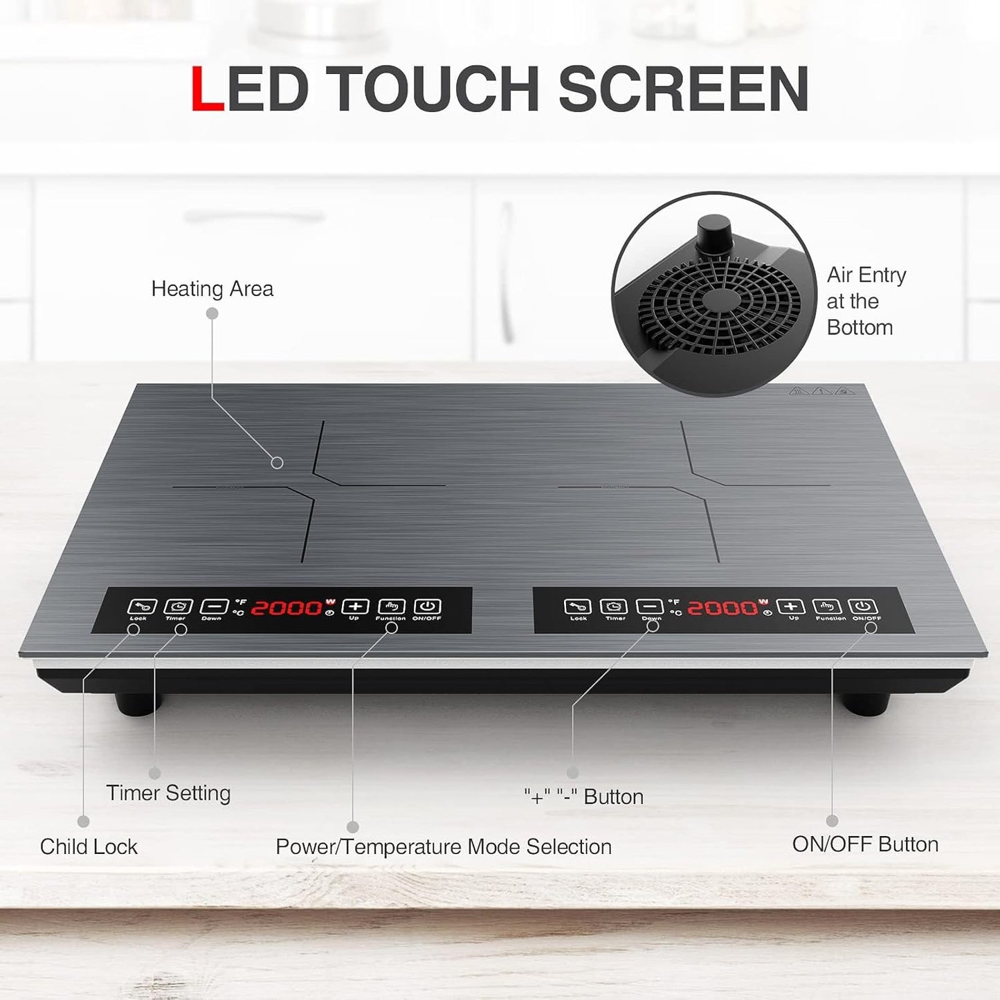 Double Induction Cooktop 110v-120v, 2 Burner Electric Cooktop 24 inch 4000W Induction Stove Top, Hot Plate LED Touch Screen, 9 Temperature, Safety Lock
