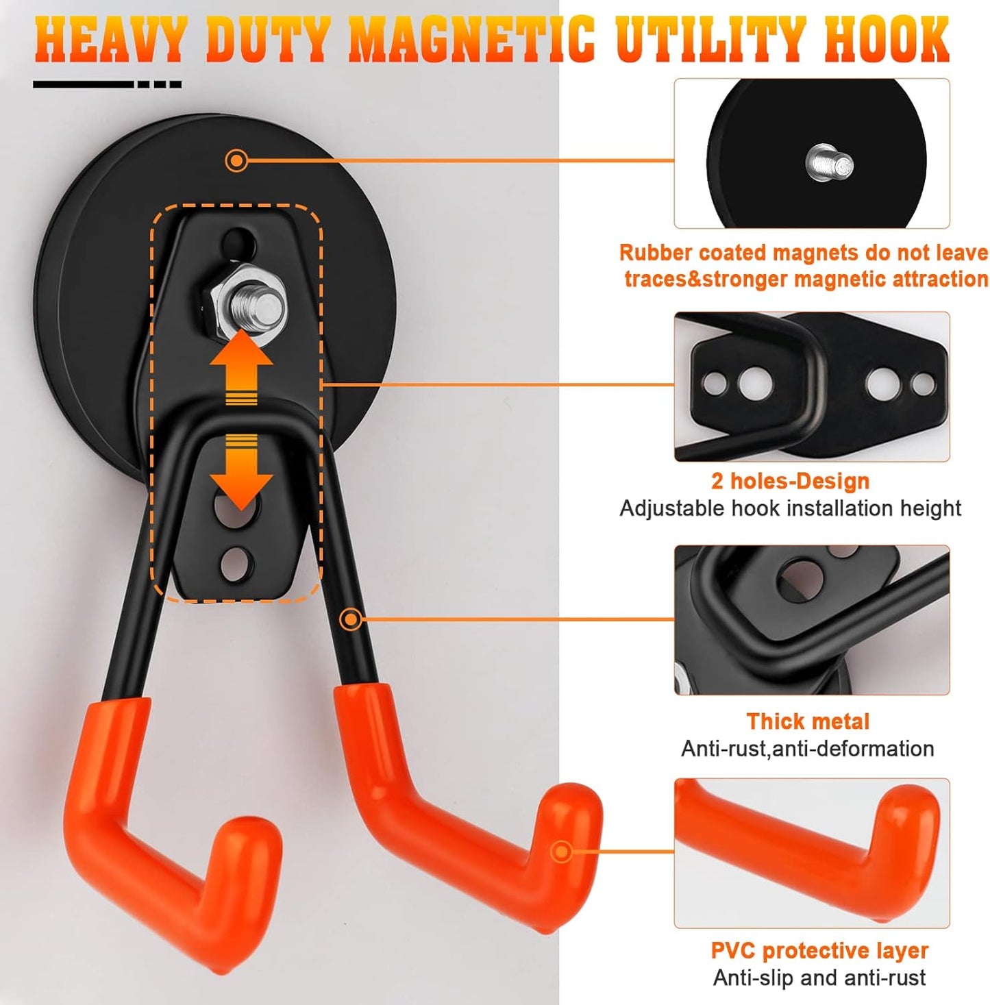 Large Magnetic Hooks Heavy Duty Magnetic Garage Hook,4 Pack Magnet Hooks with Anti-Slip Coating, Strong Storage Utility Magnetic Hook fo Metal Cabinet,Pegboard,Garage Shelve,Garden Tools(Orange,M)