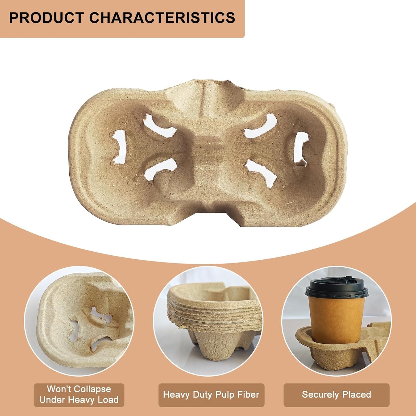 Coffee Cup Holder Disposable Cup Holder Tray, Two Cup Carrier Tray 100 Pack,Biodegradable, Eco-Friendly Drink Carrier For Delivery Of Hot Or Cold Drinks (Two-cup size tray)