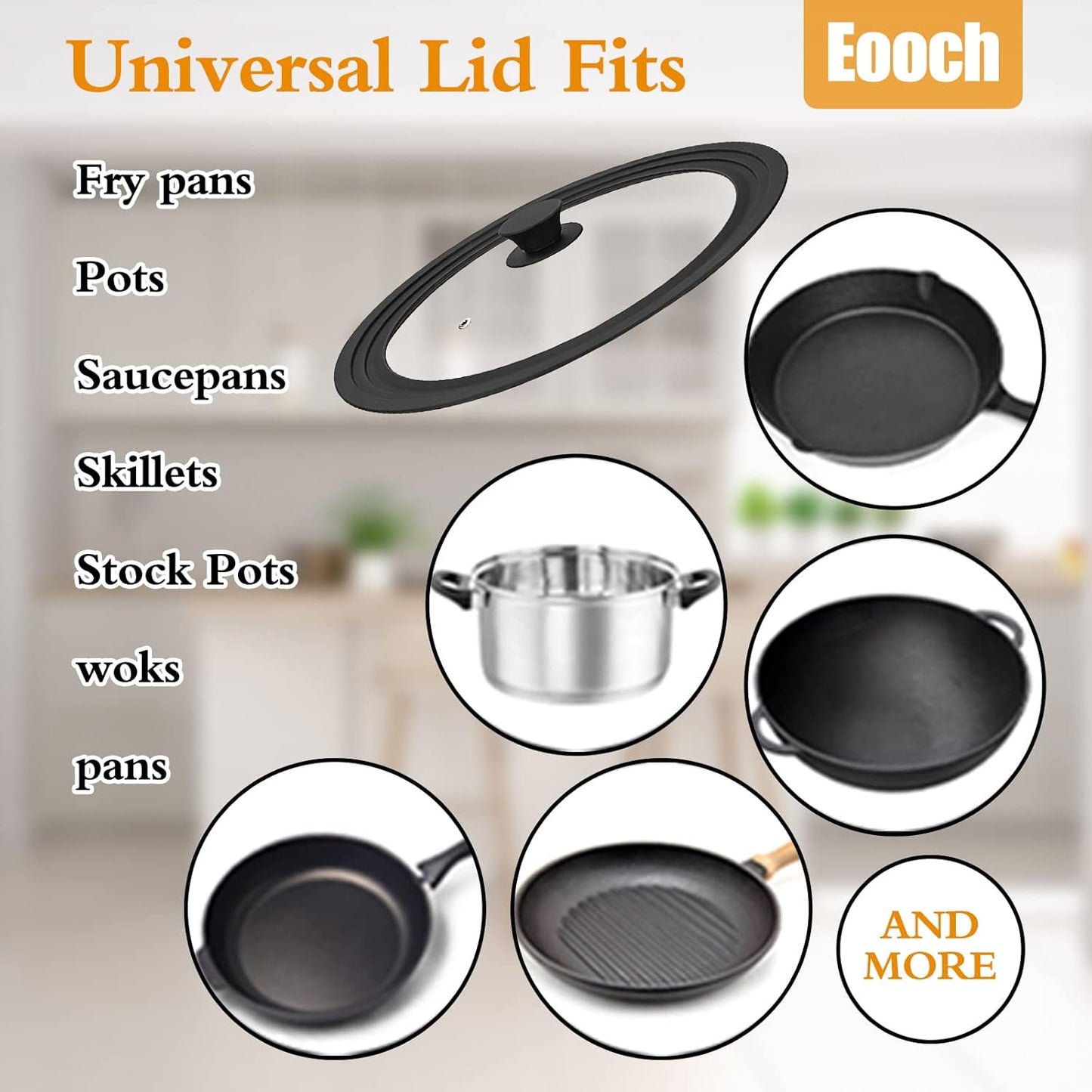 Universal Lid for Pots, Pans and Skillets Vented Tempered Glass with Heat Resistant Silicone Rim, Fits 11 inch, 12 inch, 12.5 inch Cookware, Replacement Lid, Black