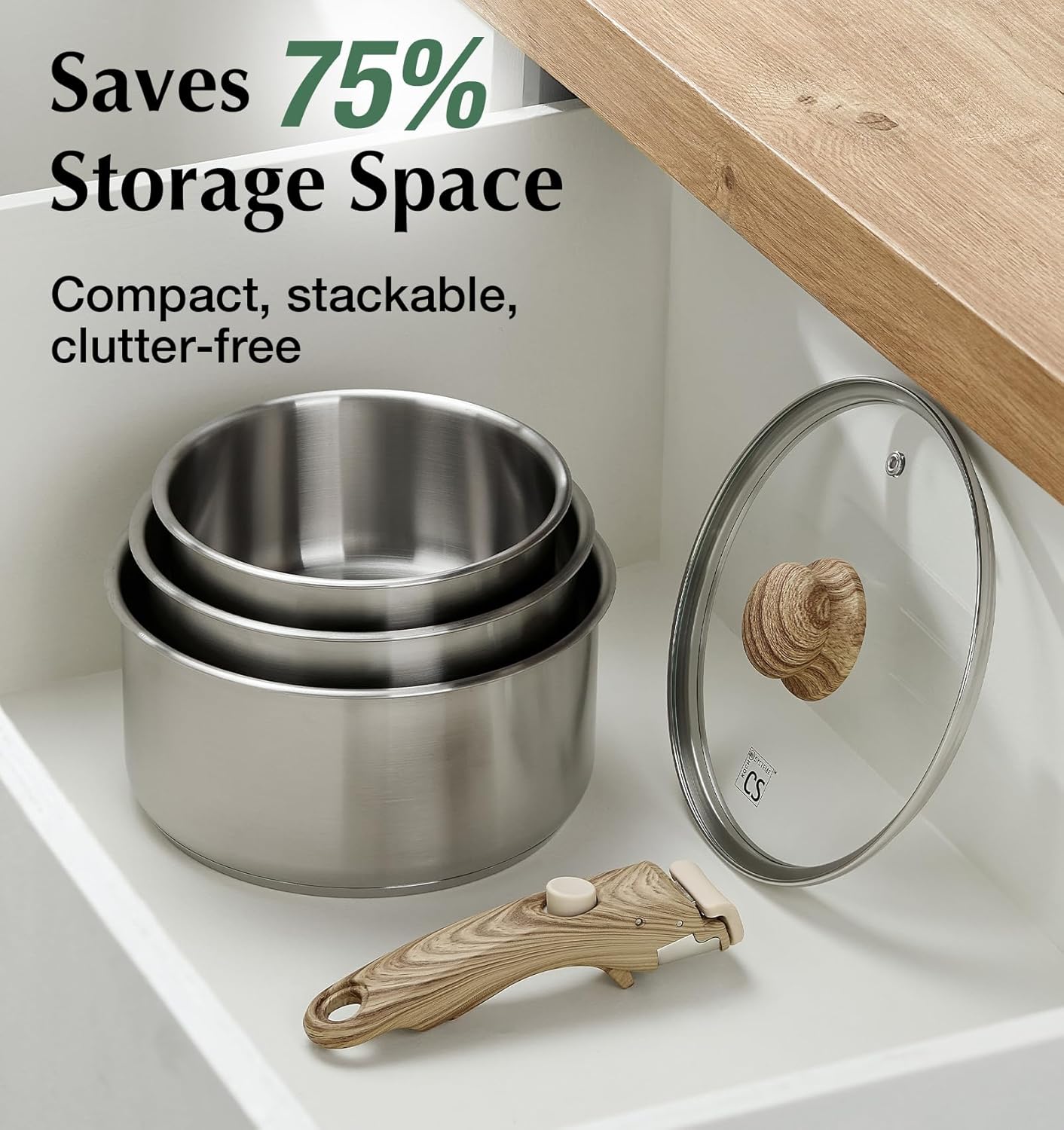 KOCH SYSTEME CS Stainless Steel Saucepan Set 1.5QT & 2QT & 3QT, Stainless Steel Pot with Removable Handle, 6pcs Sauce Pan Set with Tri-Ply Steel Base, Induction Compatible Pots, Dishwasher & Oven Safe