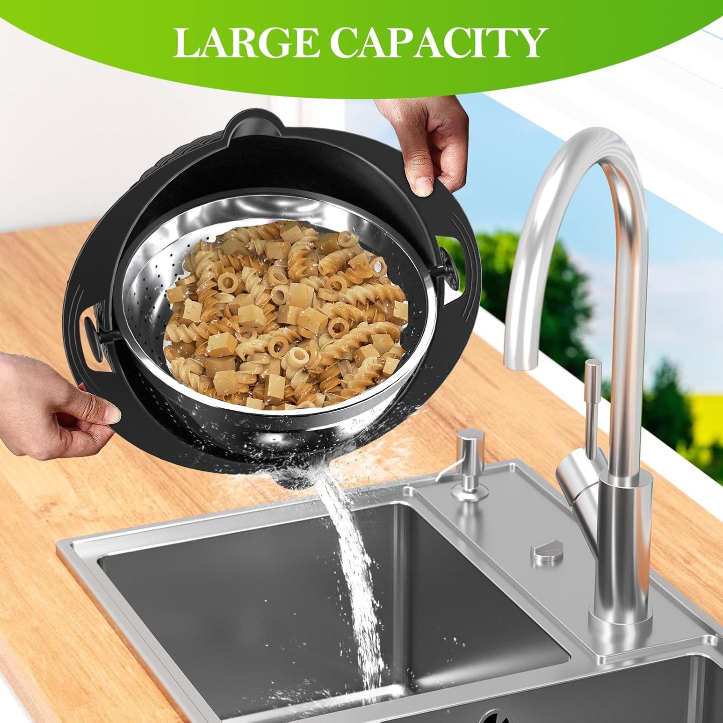 4-1 Colander with Bowl Set - Colander for Kitchen - Strainers and Colanders - Pasta Strainer - Funny Presents for Women - Rice Strainer Fruit Cleaner Veggie Wash Kitchen Gadgets Essentials, Black