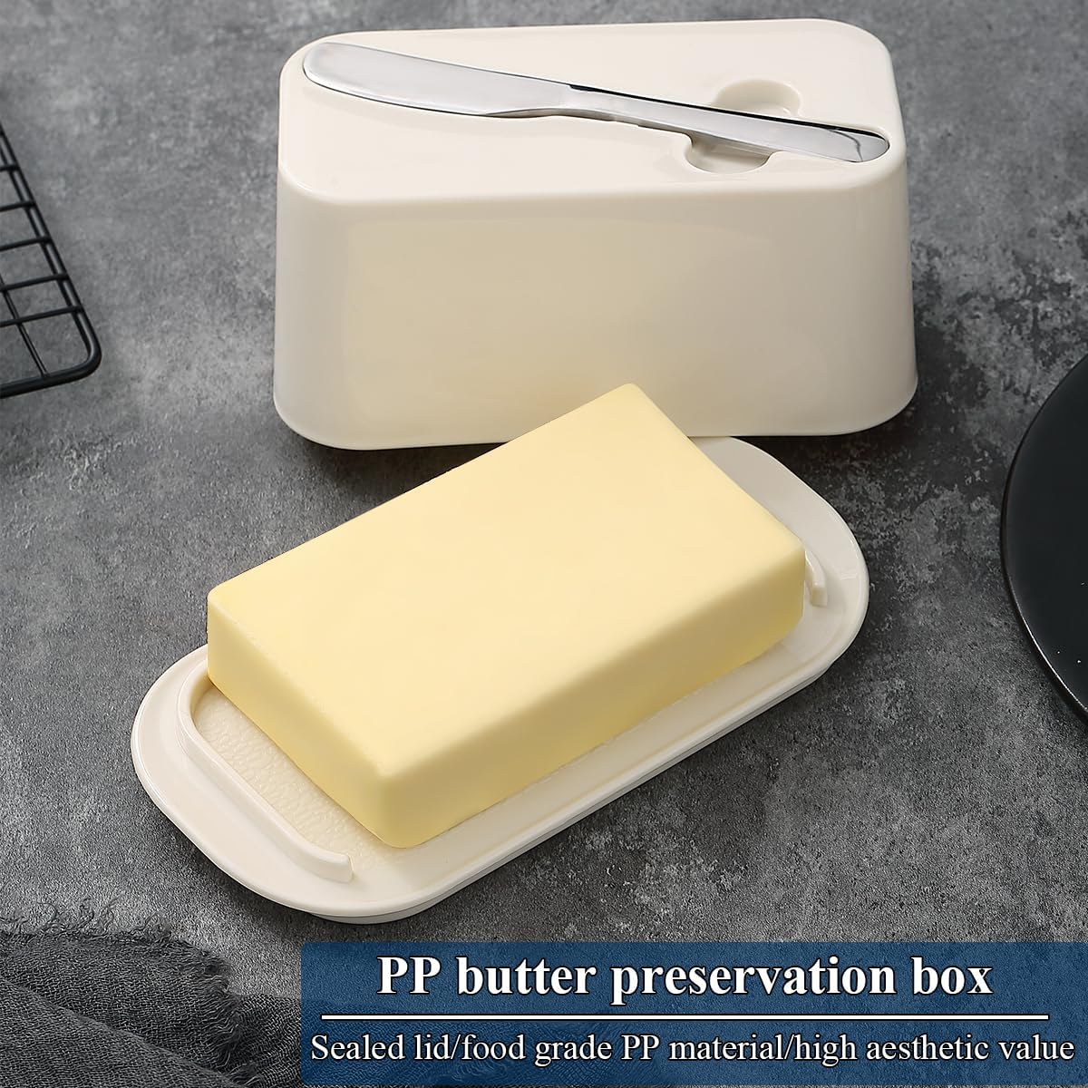 Evanda Butter Dish with Lid for Countertop and Refrigerator Door Shelf with Butter Spreader Knife, Butter Keeper, Plastic Butter Holder Tray Container for West/East Coast Butter