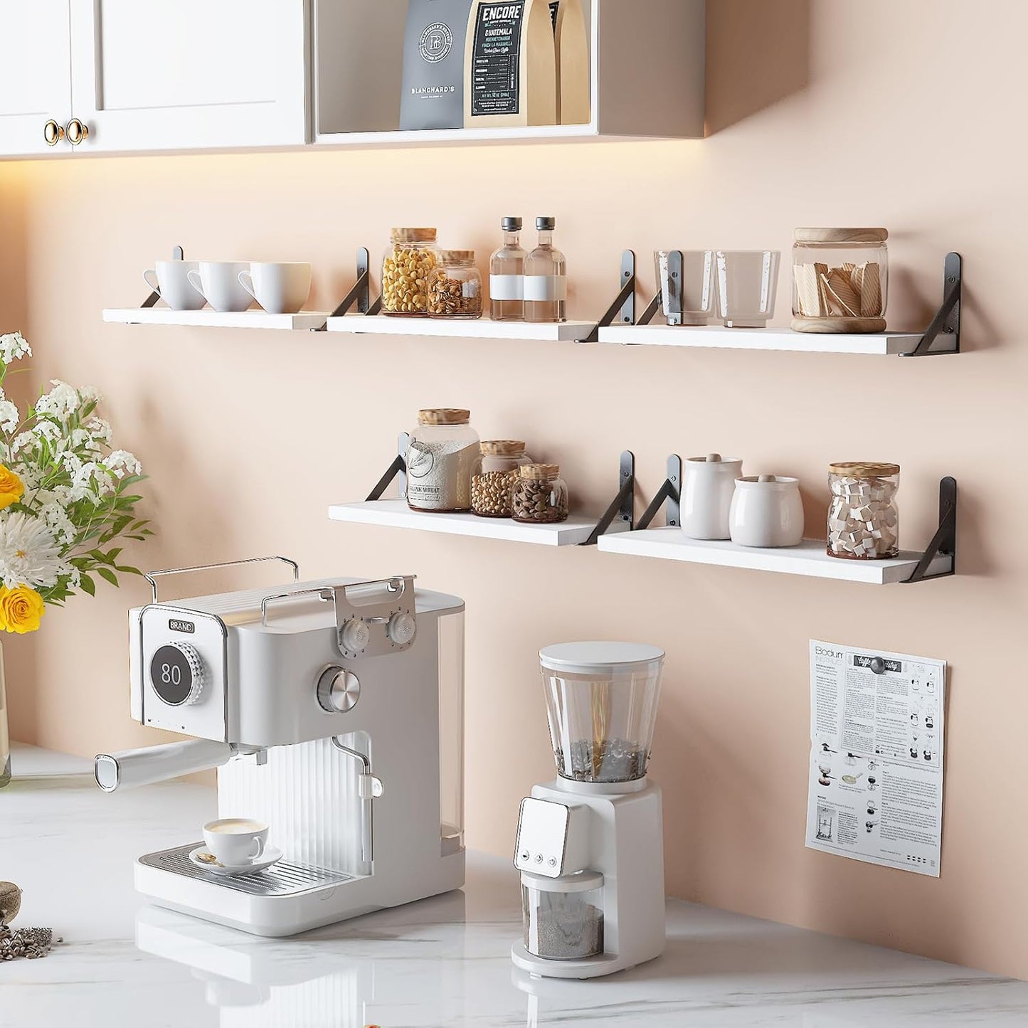 YGEOMER 16.5 Inch Floating Shelves for Wall, Farmhouse Wall Shelves for Bedroom, Bathroom Storage, Living Room and Kitchen Decor (Set of 6 White)